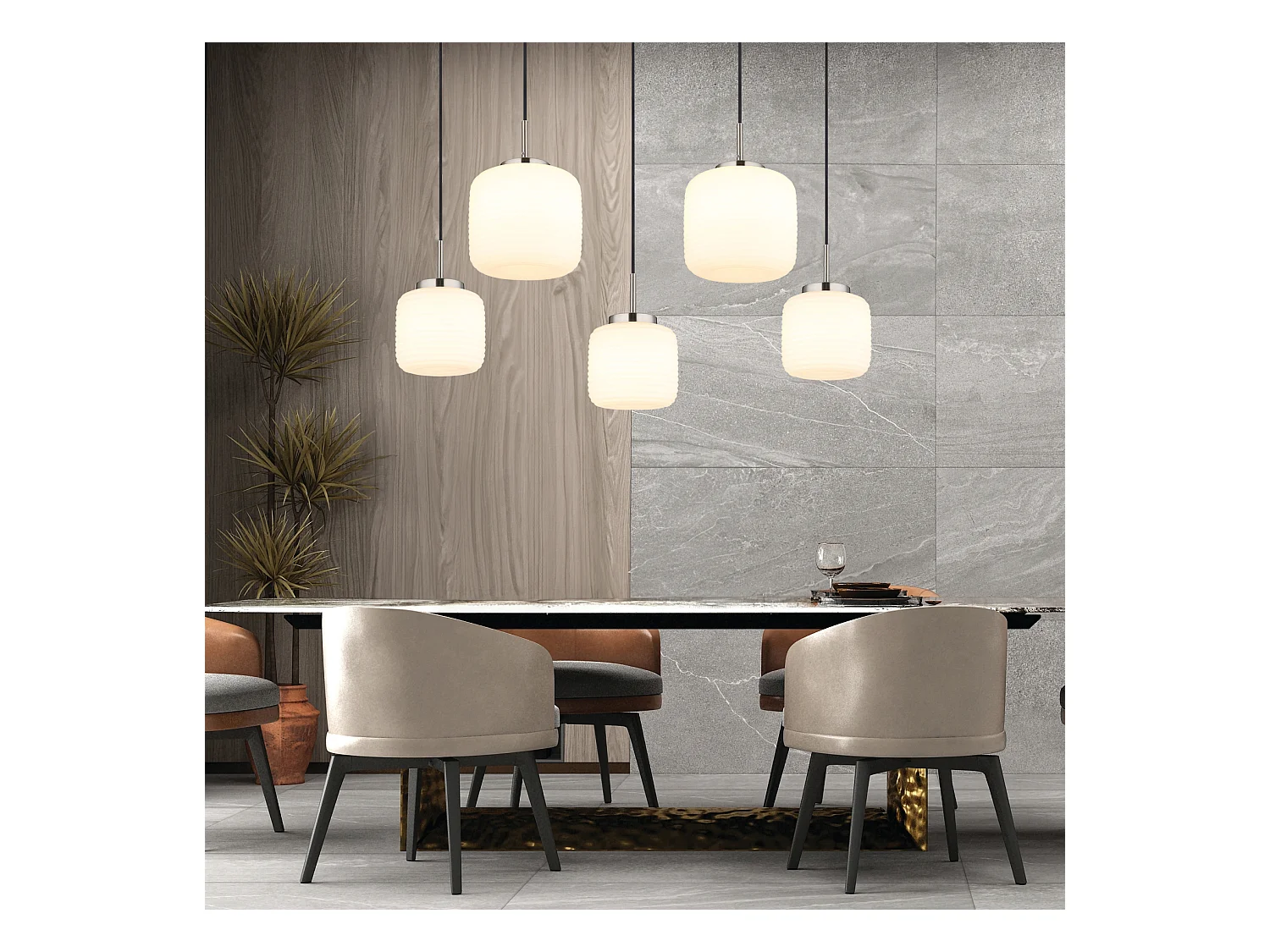 Suspension métal nickel mat, 5x E27 LED