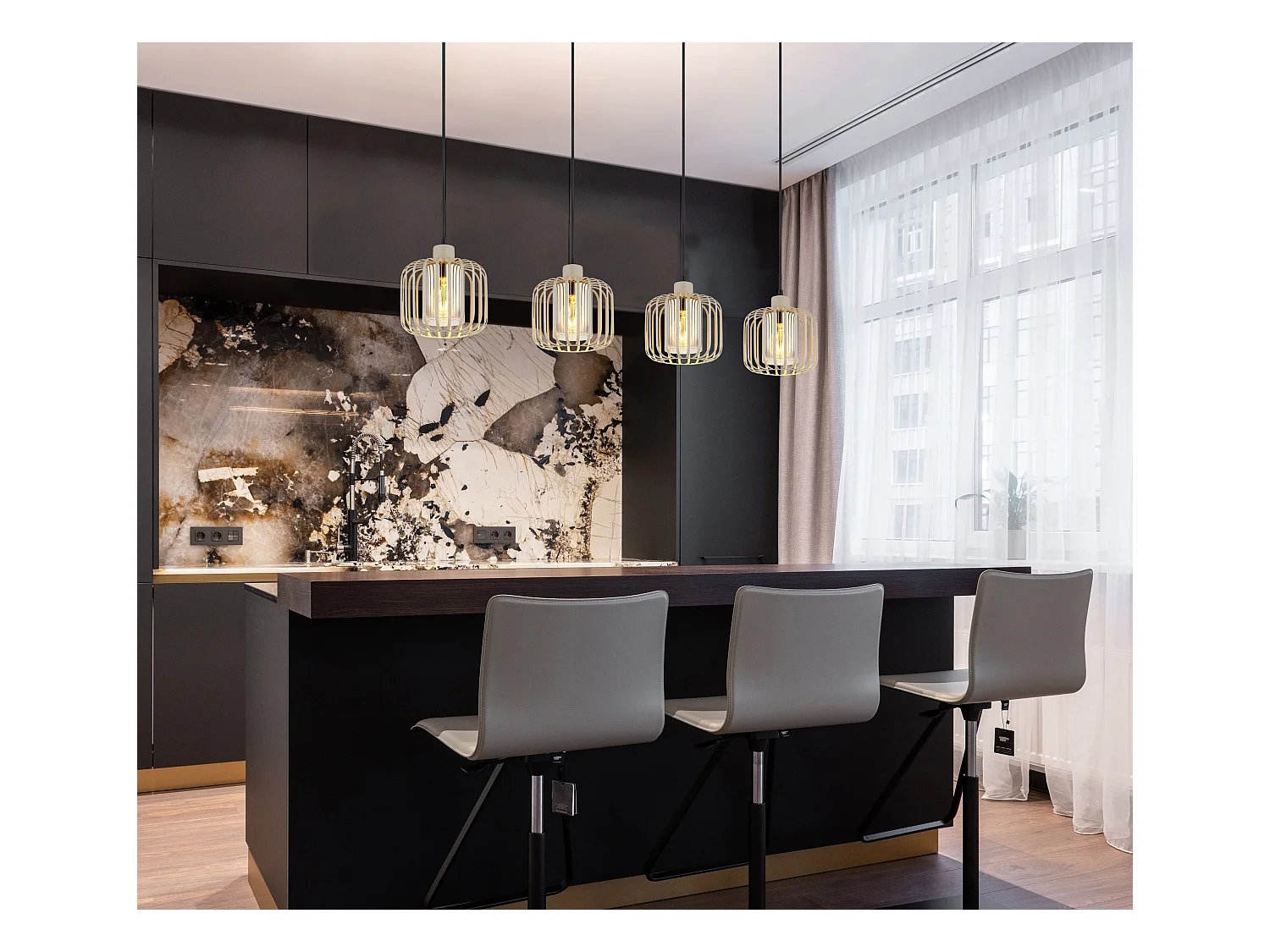 Hanglamp metaal zandkleurig dof, 4x E27