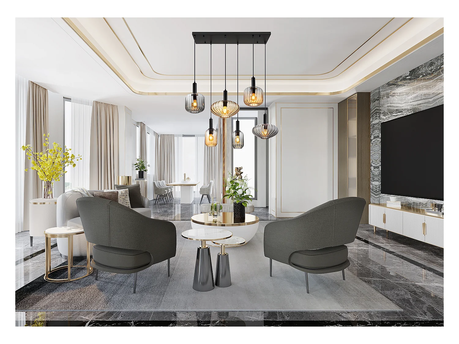 Suspension métal noir mat, 6x E27