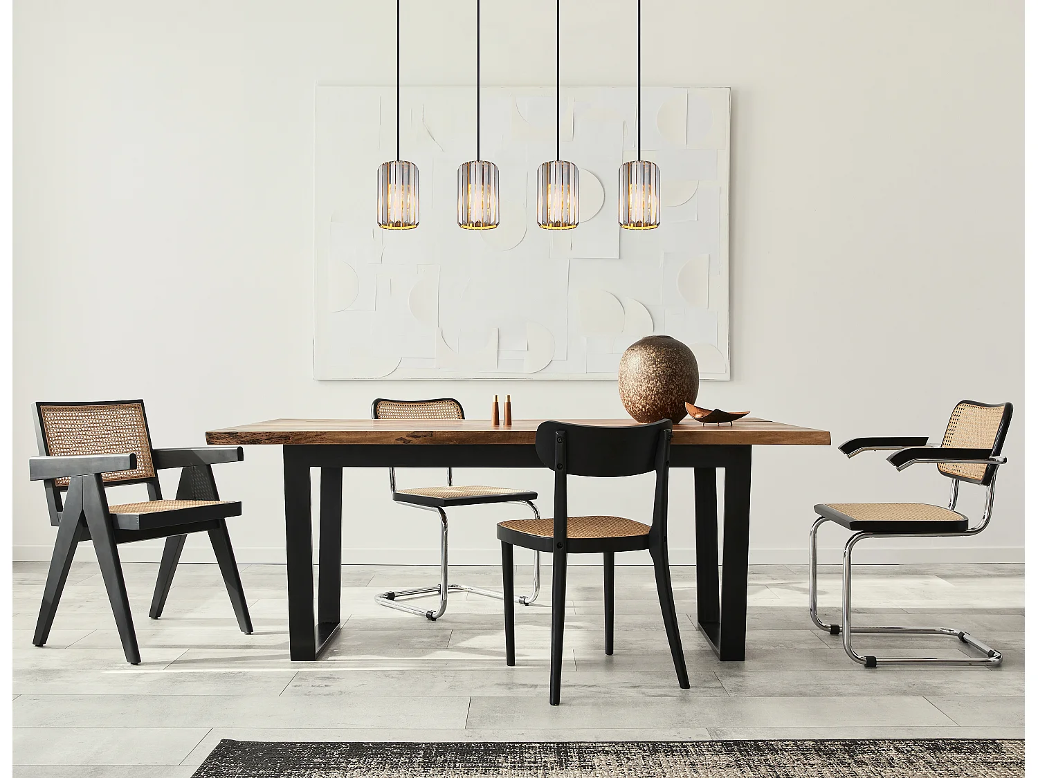 Suspension métal décor bois, 4x E27