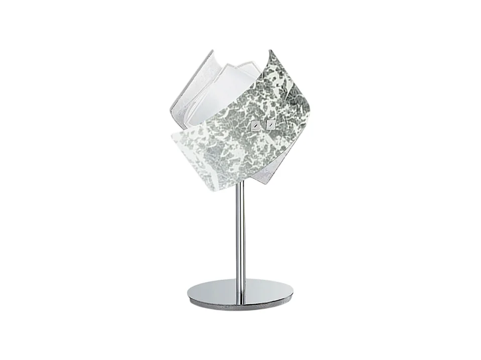 Camilla – Lampe de table feuille d'argent, 1xE14 max 42W, base métal et verre décoré, douille E27, IP20, design moderne