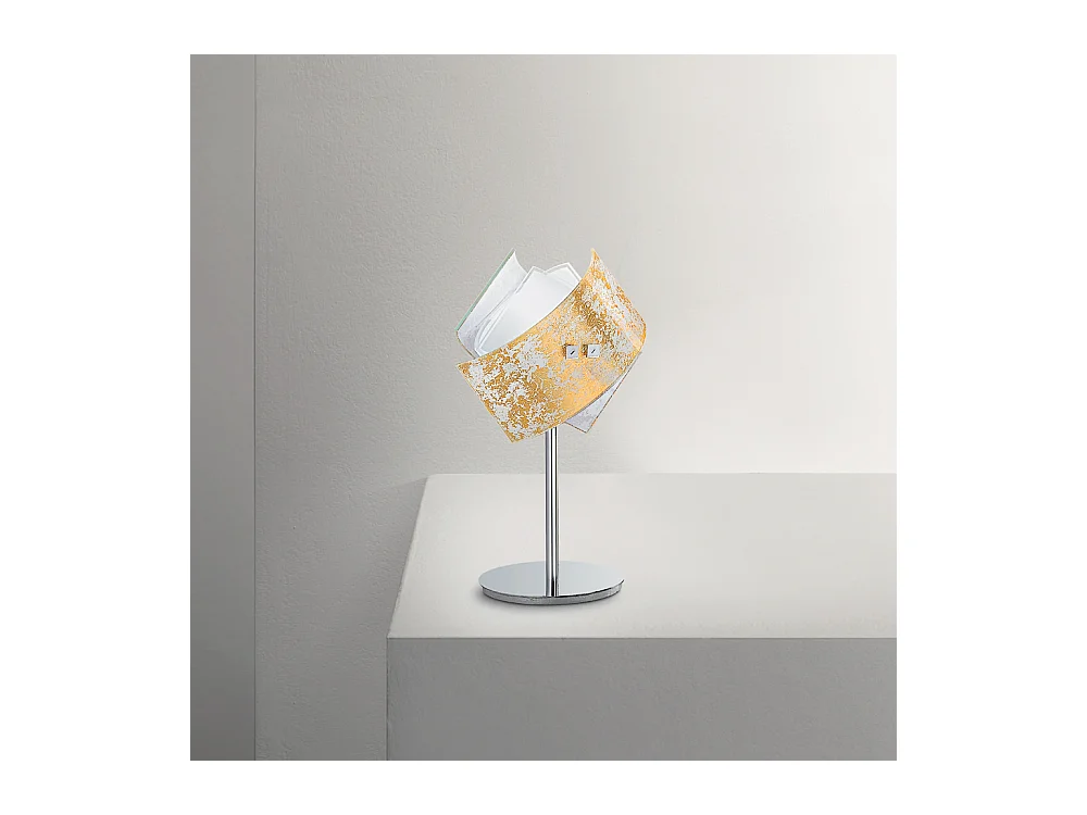 Camilla – Blattgold-Tischlampe 1XE14 max 1X42W IP20 – Moderne Tischlampe mit Metallsockel und dekoriertem Glas – E27-Fassung