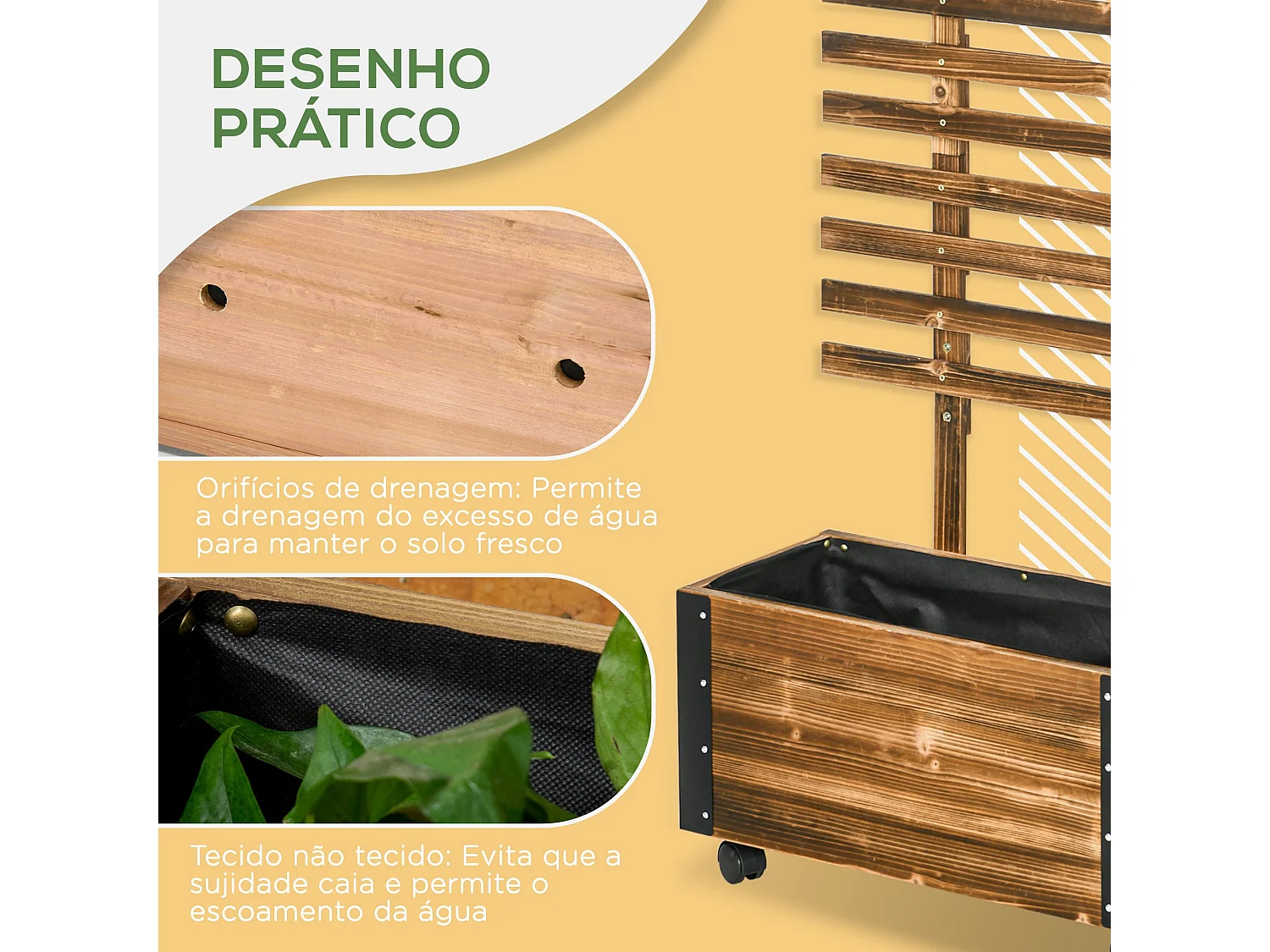 Floreira Elevada de Madeira com Treliça e Rodas para Plantas Trepadeiras - Design Elegante e Funcional 65x31x147 cm