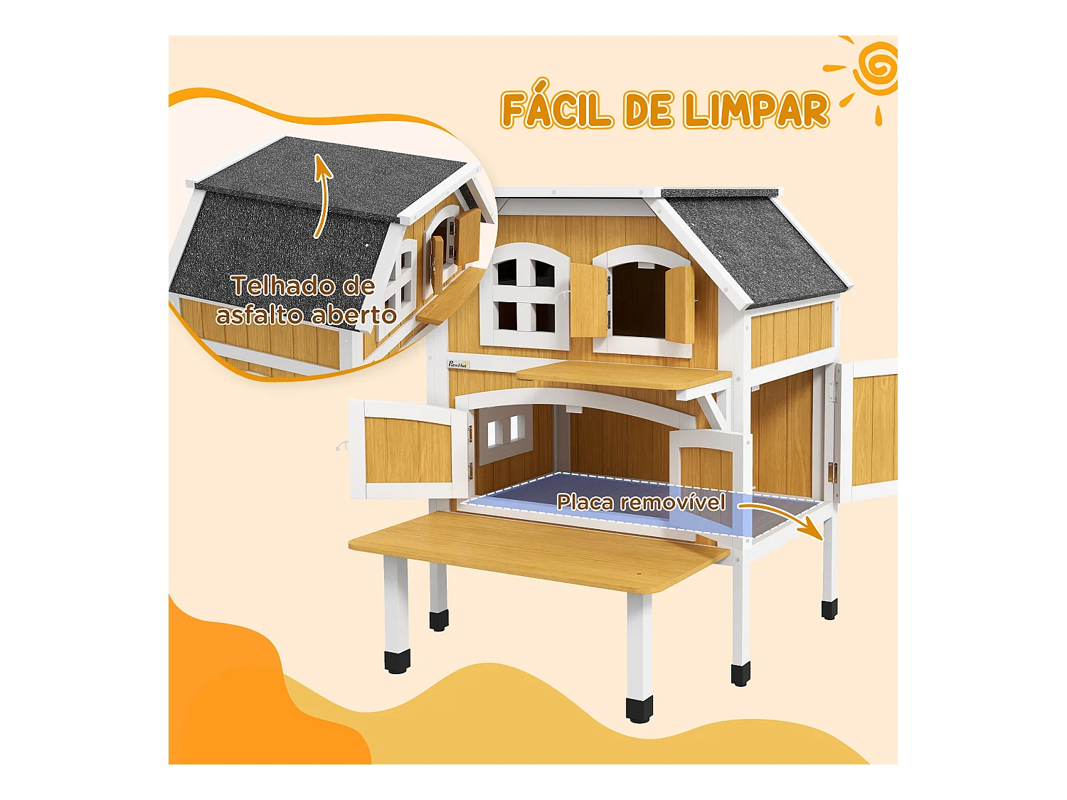 Caseta para gatos Farm PawHut + 1 puerta + 4 ventanas amarillo 93x78x82 cm