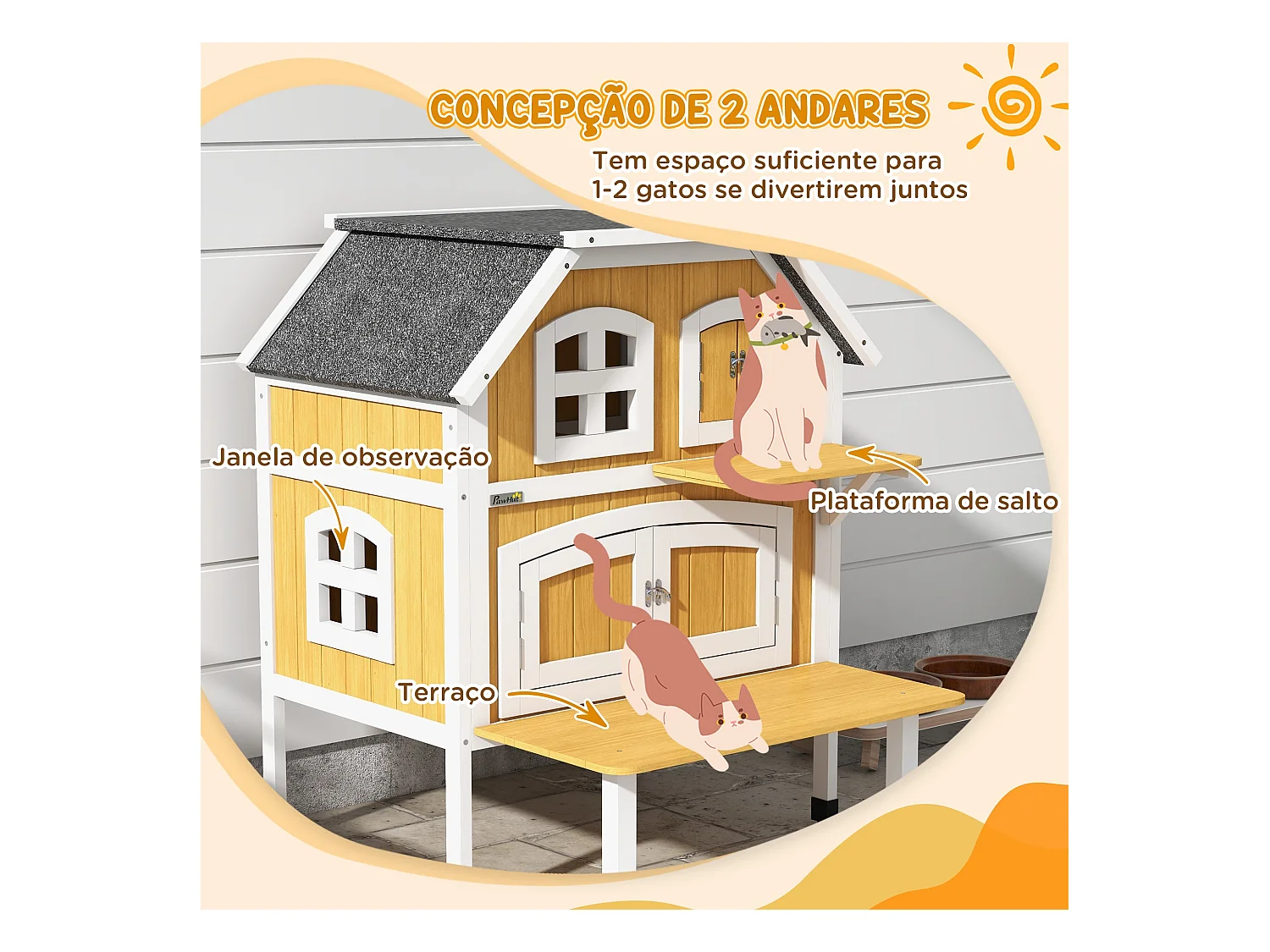 Caseta para gatos Farm PawHut + 1 puerta + 4 ventanas amarillo 93x78x82 cm