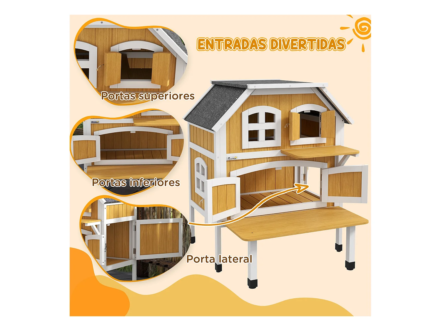 Caseta para gatos Farm PawHut + 1 puerta + 4 ventanas amarillo 93x78x82 cm