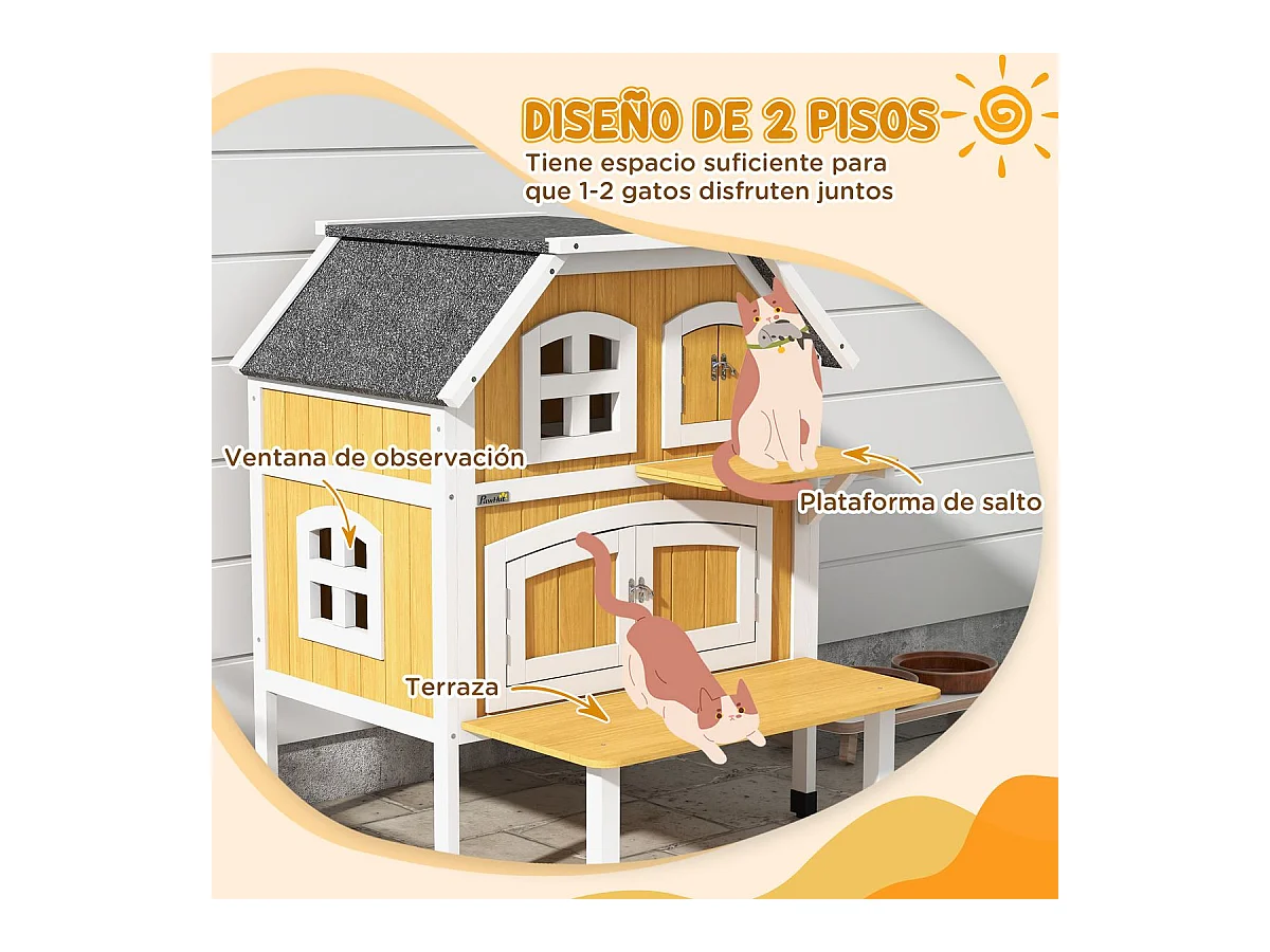Caseta para gatos Farm PawHut + 1 puerta + 4 ventanas amarillo 93x78x82 cm