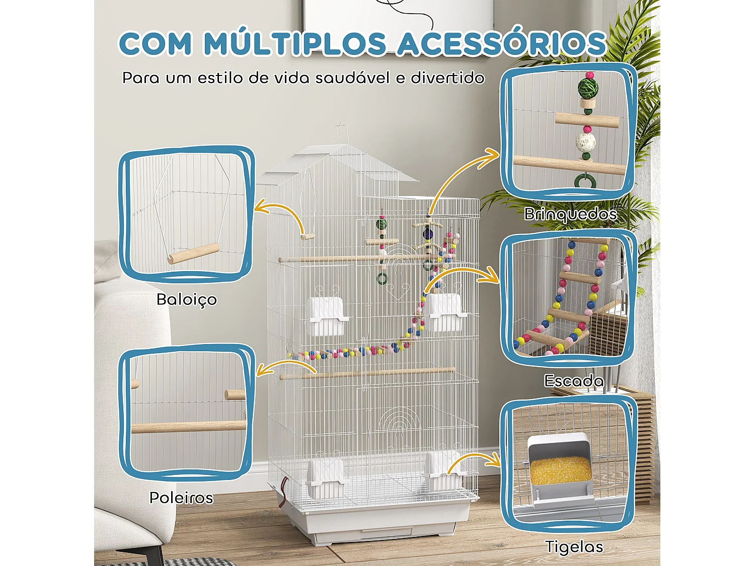 Gaiola para Pássaros PawHut com Acessórios e Bandeja Removível - Ideal para Periquitos e Canários
