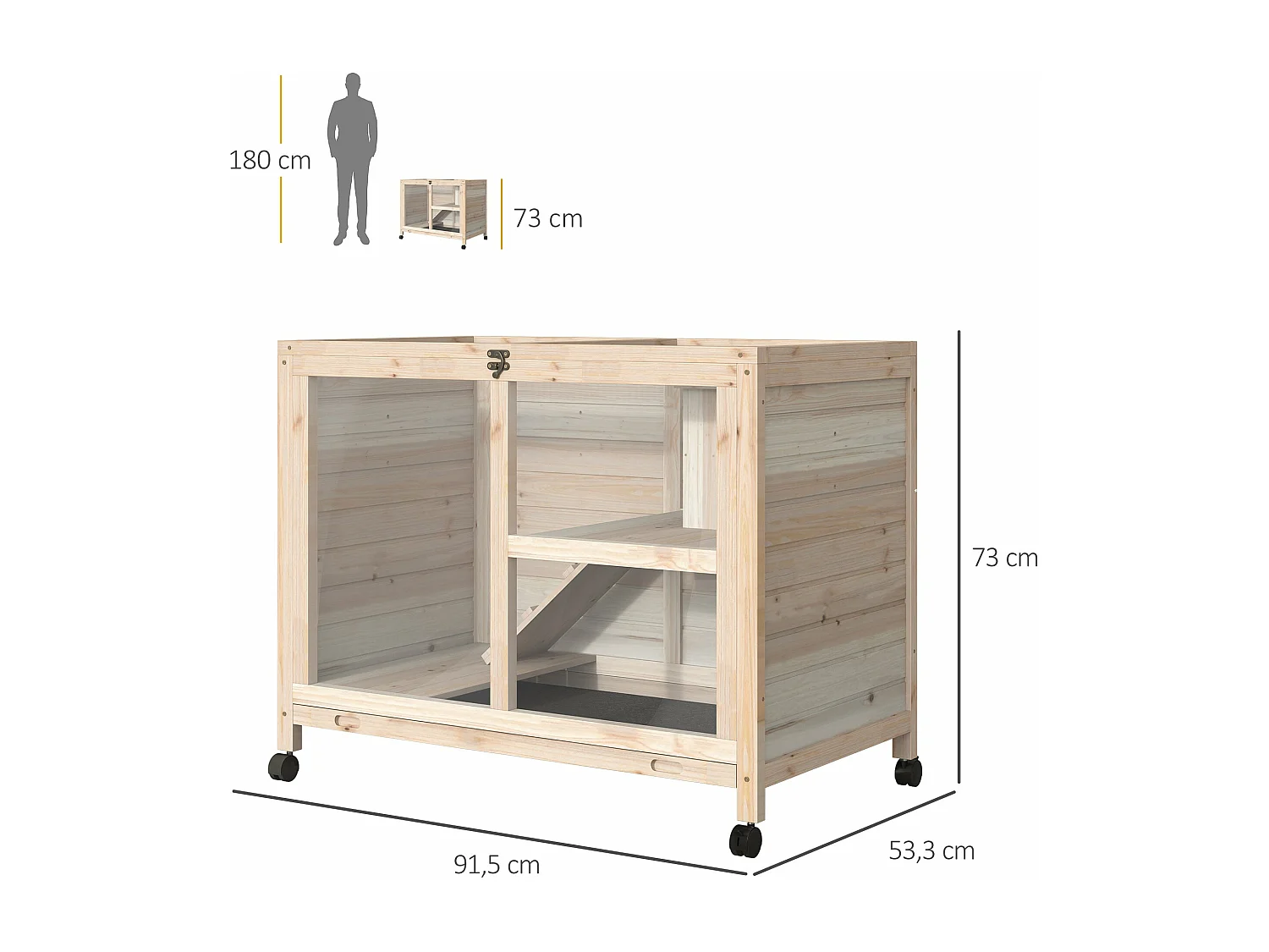 Gaiola PawHut para Coelhos com 2 Níveis e Rodas - 91,5x53,5x73cm
