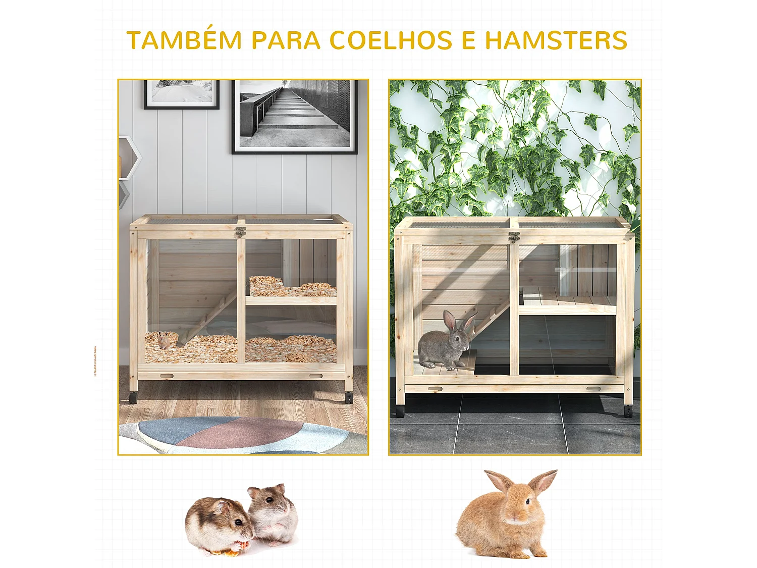 Gaiola PawHut para Coelhos com 2 Níveis e Rodas - 91,5x53,5x73cm