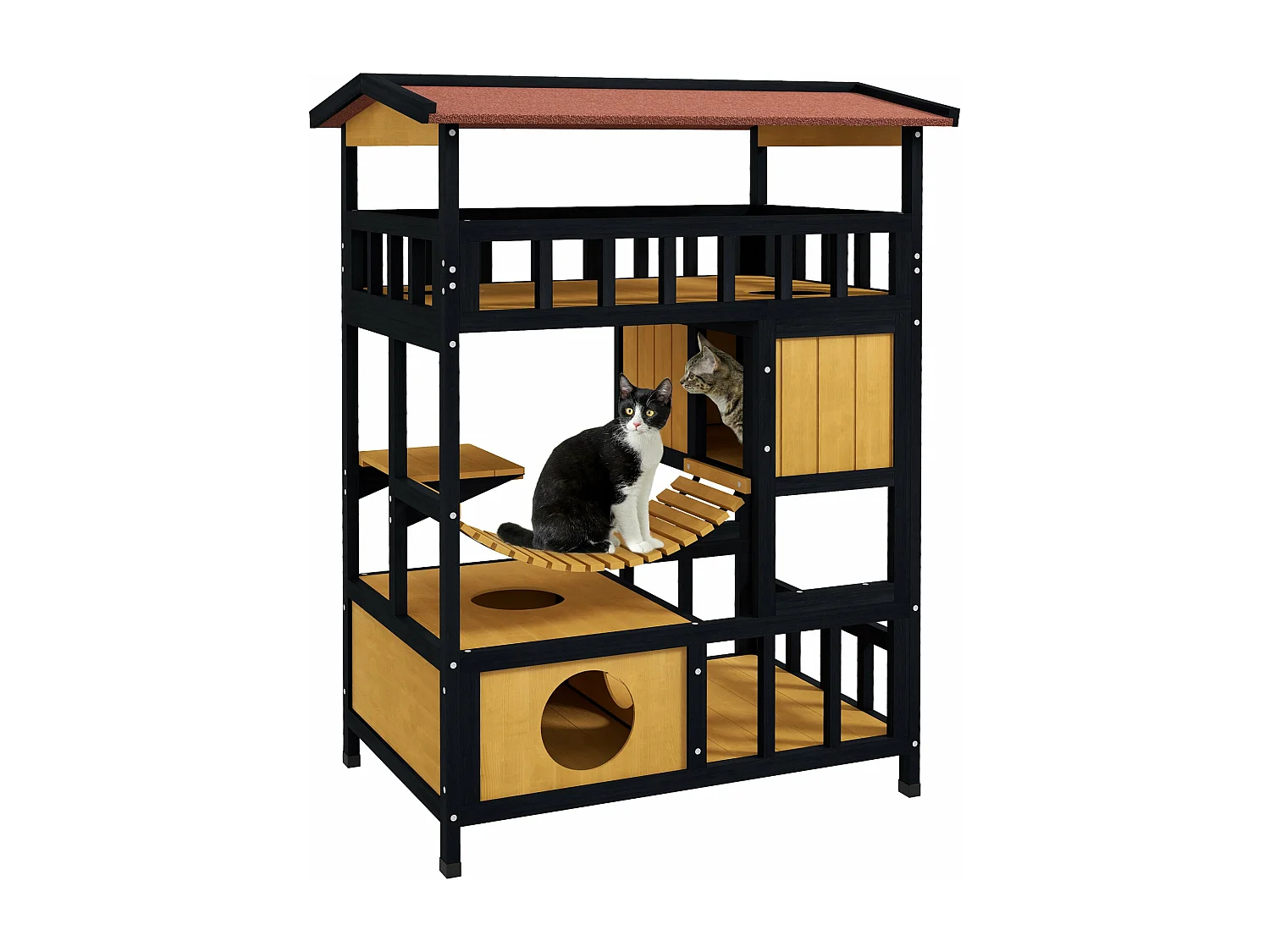 PawHut Casa de Gato de Madeira 4 Níveis para Exterior com Ponte Suspensa e Telhado Asfáltico