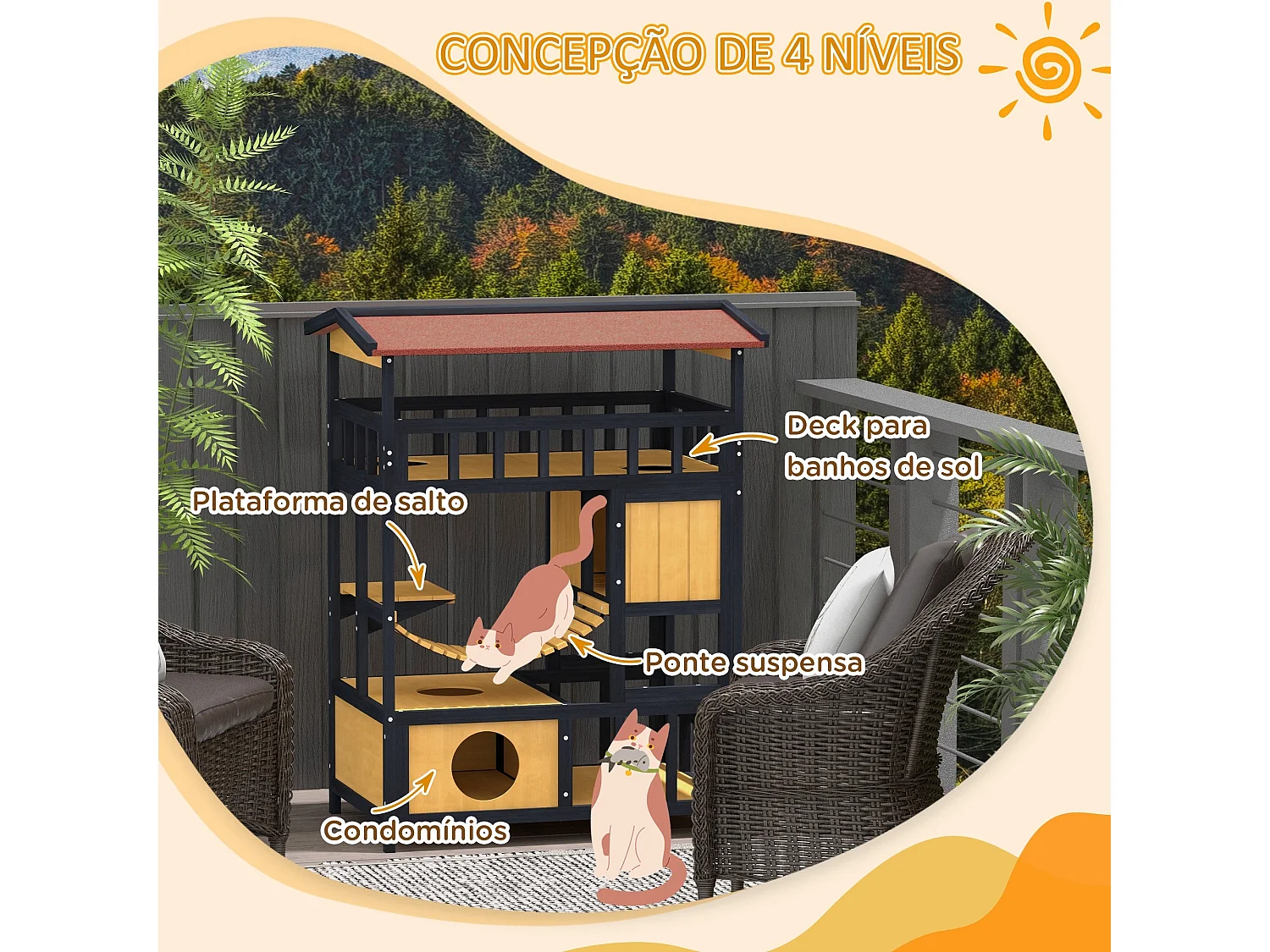 PawHut Casa de Gato de Madeira 4 Níveis para Exterior com Ponte Suspensa e Telhado Asfáltico
