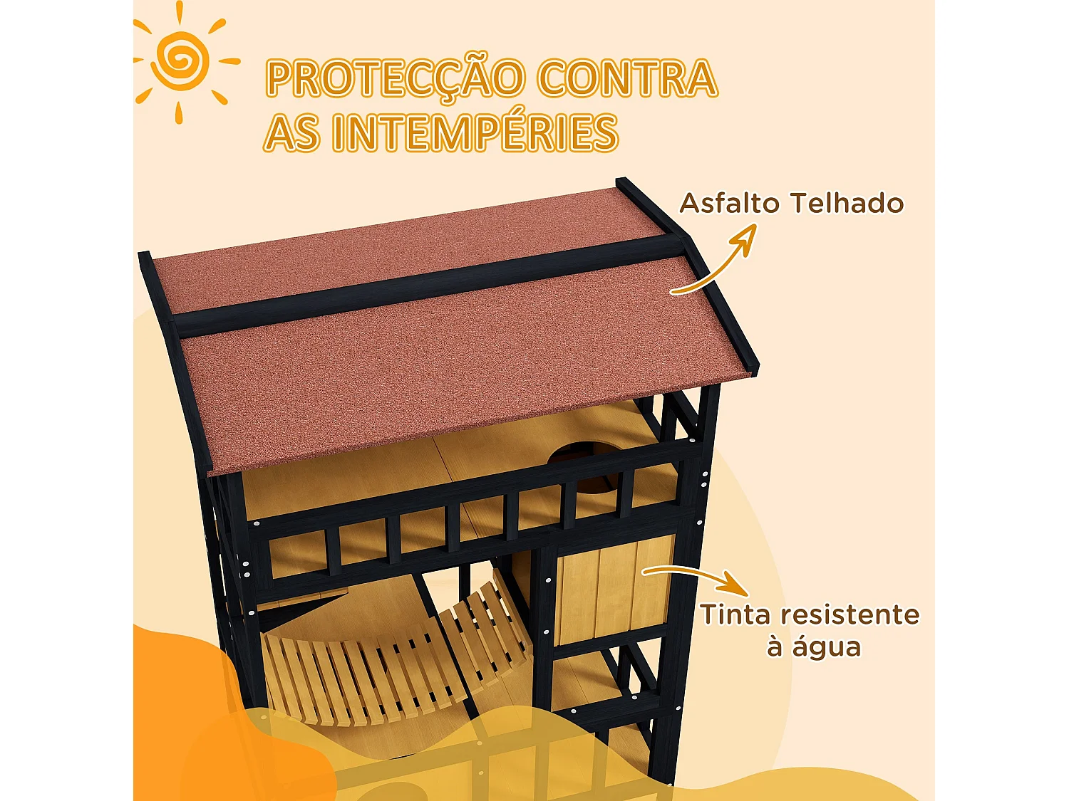 PawHut Casa de Gato de Madeira 4 Níveis para Exterior com Ponte Suspensa e Telhado Asfáltico