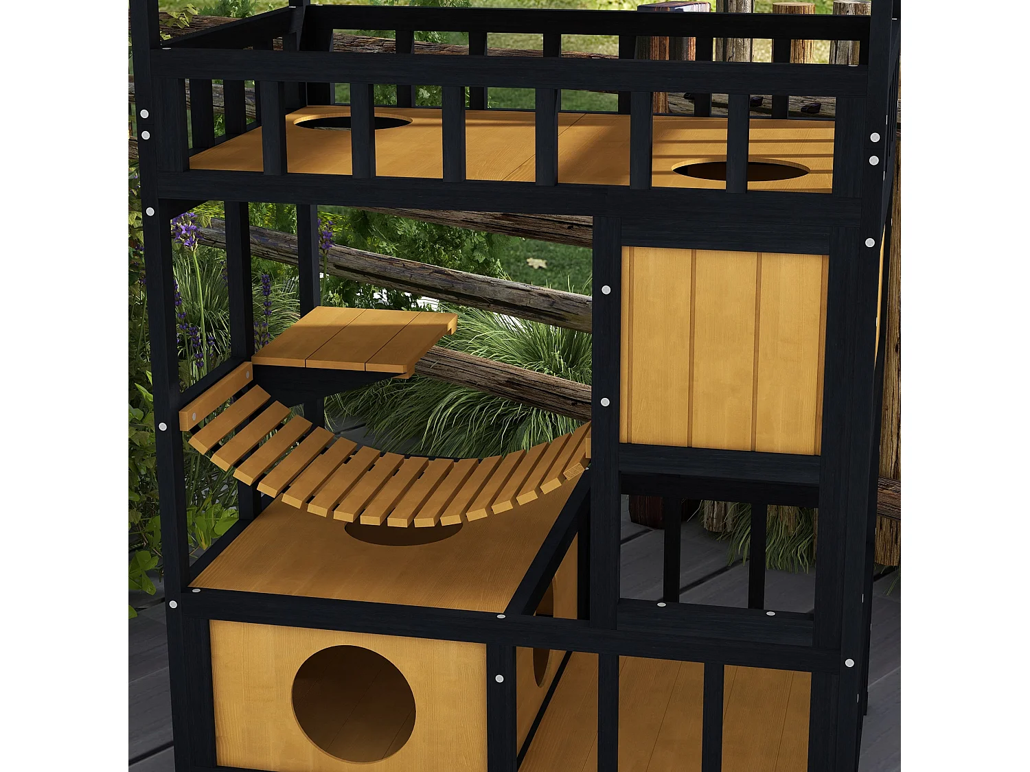 PawHut Casa de Gato de Madeira 4 Níveis para Exterior com Ponte Suspensa e Telhado Asfáltico