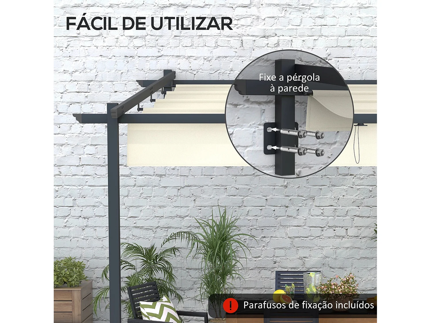 Pérgola de Jardim de Parede Girona 3x3 m com Teto Retrátil em Creme e Cinza Escuro