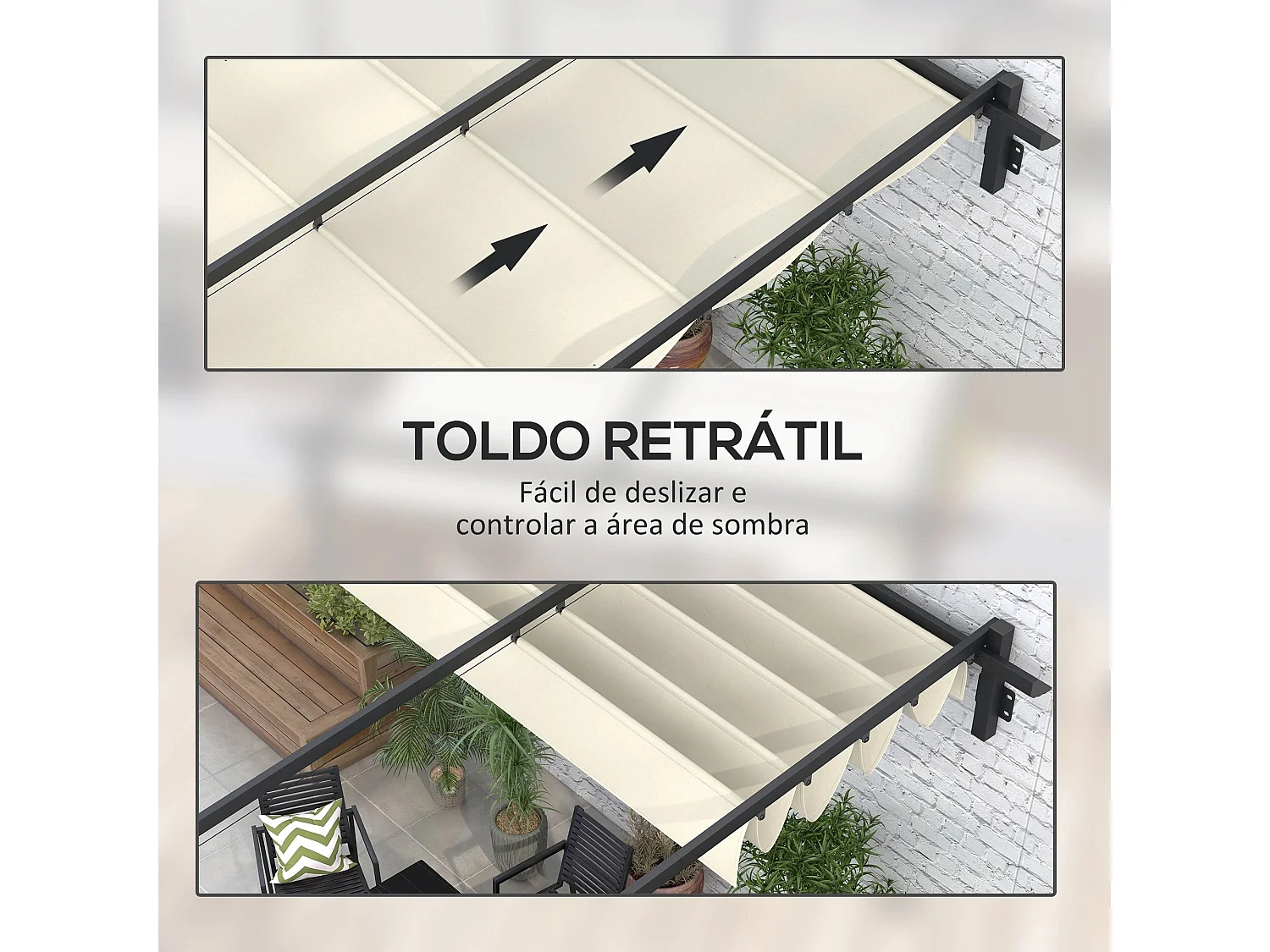 Pérgola de Jardim de Parede Girona 3x3 m com Teto Retrátil em Creme e Cinza Escuro