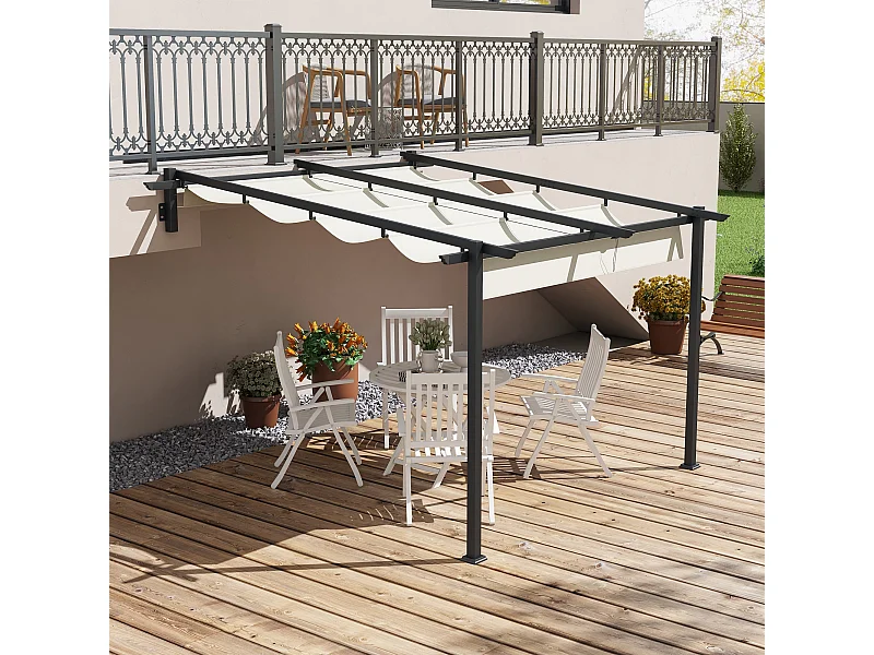 Pérgola de Jardim de Parede Girona 3x3 m com Teto Retrátil em Creme e Cinza Escuro