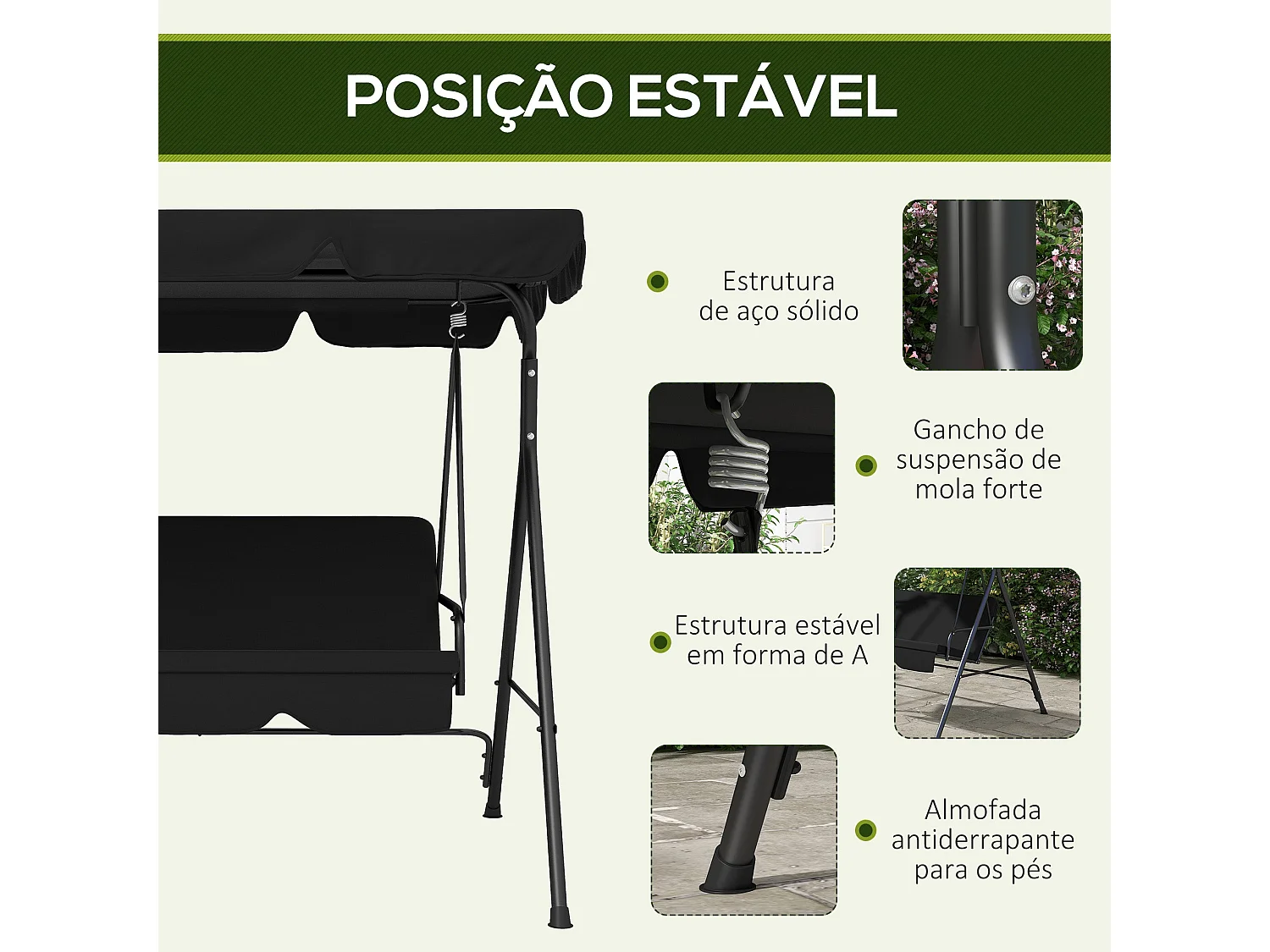 Baloiço de Jardim Elegante para 3 Pessoas com Toldo Ajustável e Estrutura de Aço Resistente