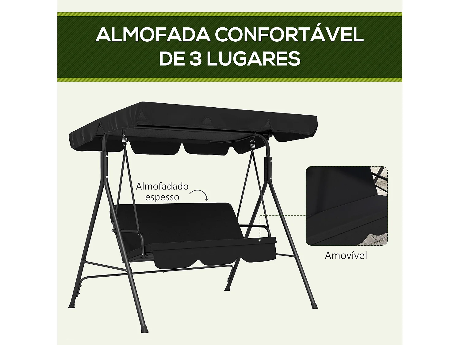 Baloiço de Jardim Elegante para 3 Pessoas com Toldo Ajustável e Estrutura de Aço Resistente