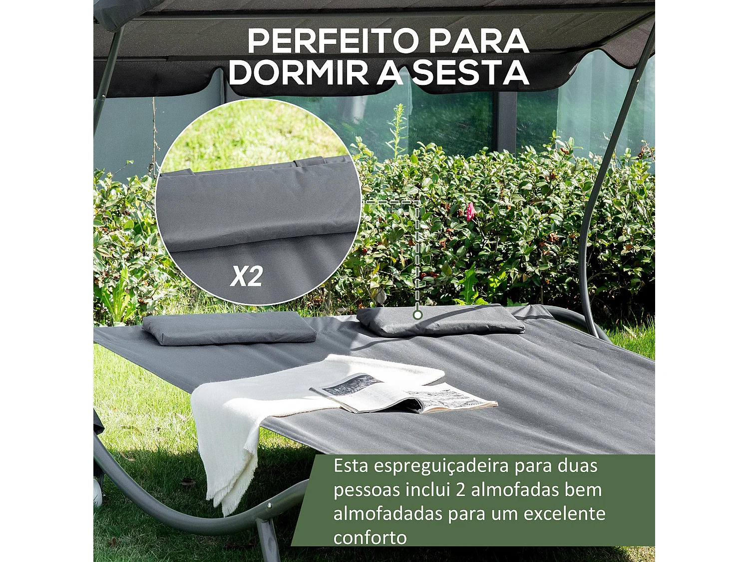 Espreguiçadeira Dupla de Jardim com Toldo Ajustável e Almofadas para Conforto a Dois