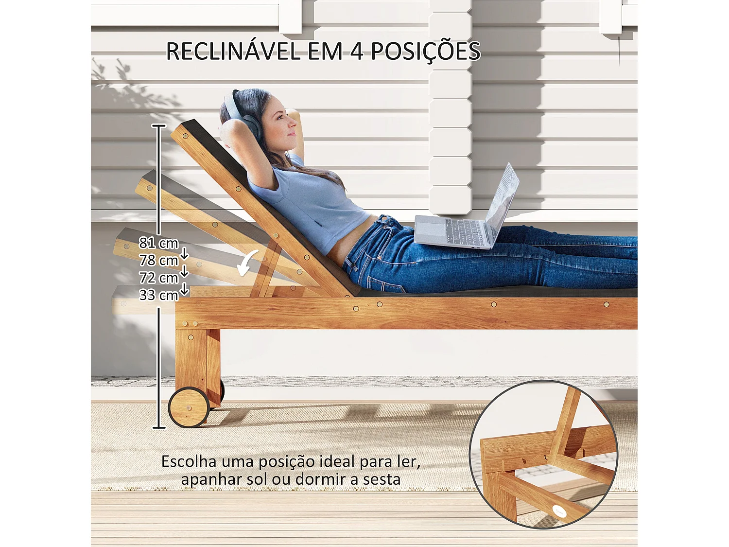 Espreguiçadeira de Acácia Ajustável com Rodas - Conforto e Estilo para o Seu Jardim