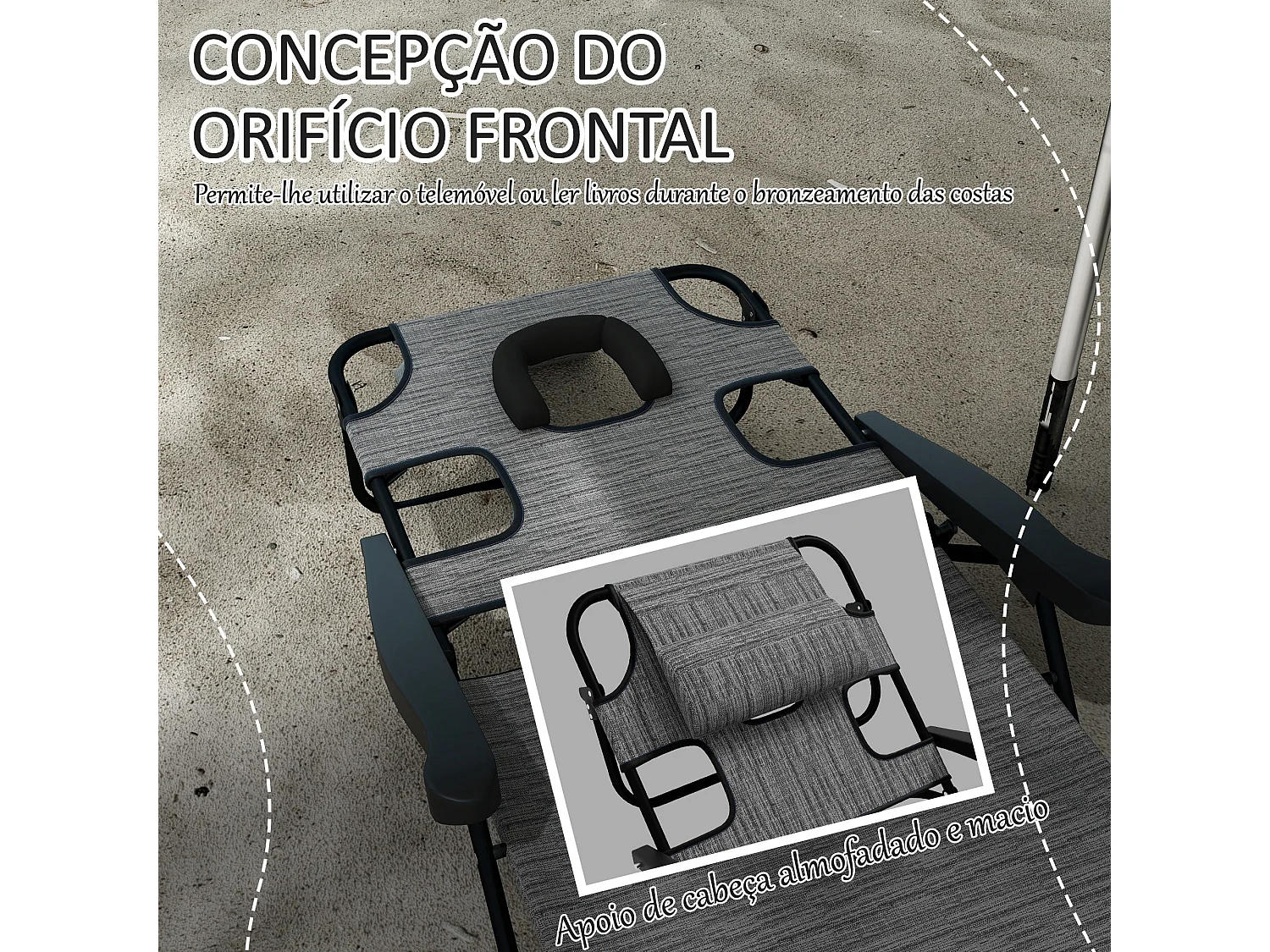 Espreguiçadeira Dobrável de Jardim com Orifício para Leitura – Conforto e Estilo em Cinza