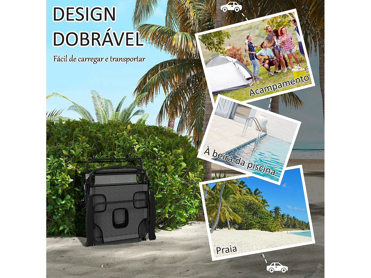 Espreguiçadeira Dobrável de Jardim com Orifício para Leitura – Conforto e Estilo em Cinza