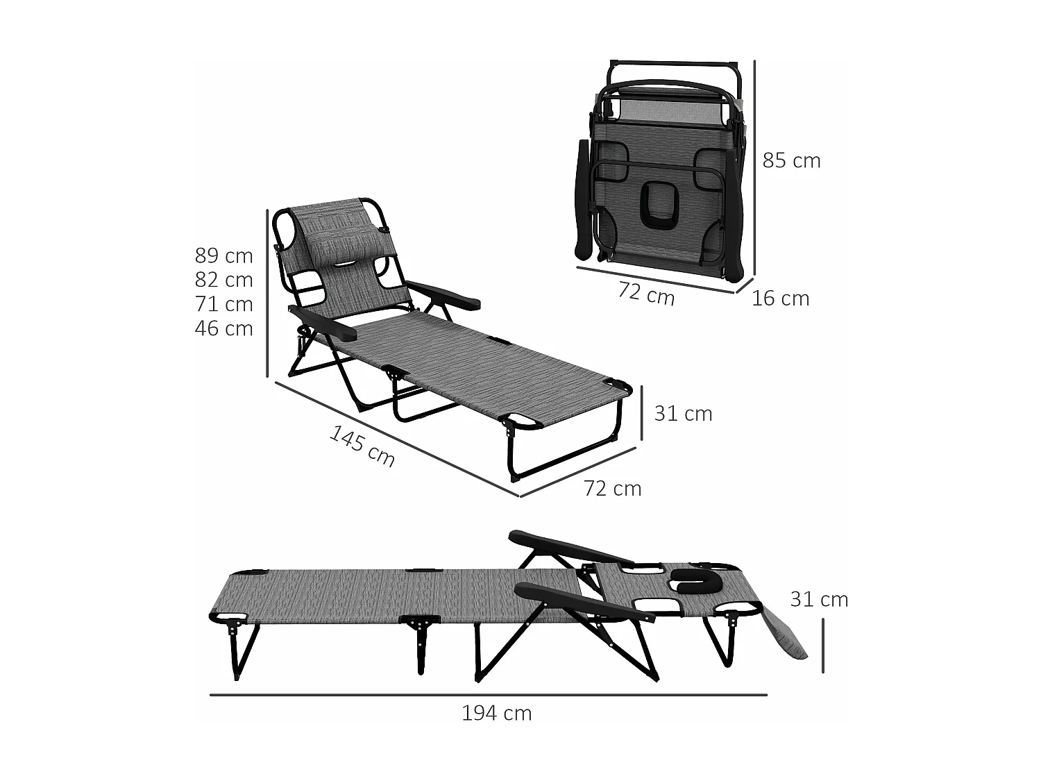 Espreguiçadeira Dobrável de Jardim com Orifício para Leitura – Conforto e Estilo em Cinza