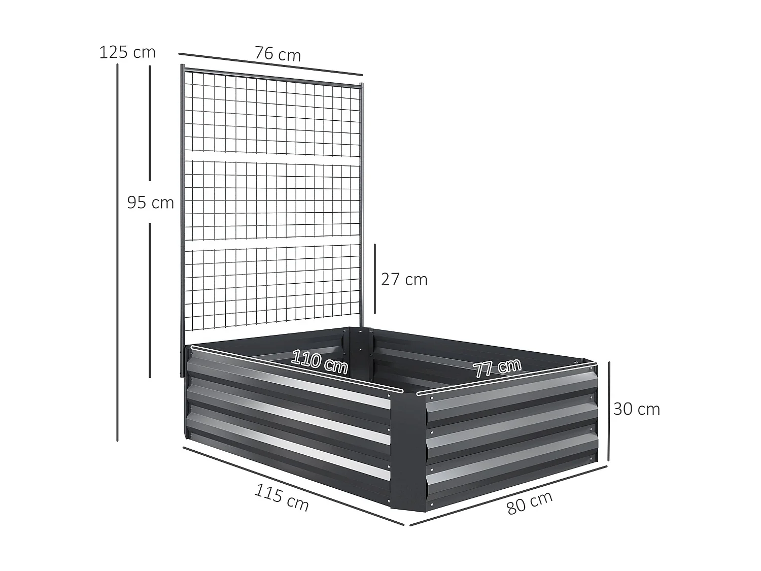 Caixa de Plantio Grande com Treliça de Aço Galvanizado para Jardim e Varanda 80x115x125 cm Cinza Escuro