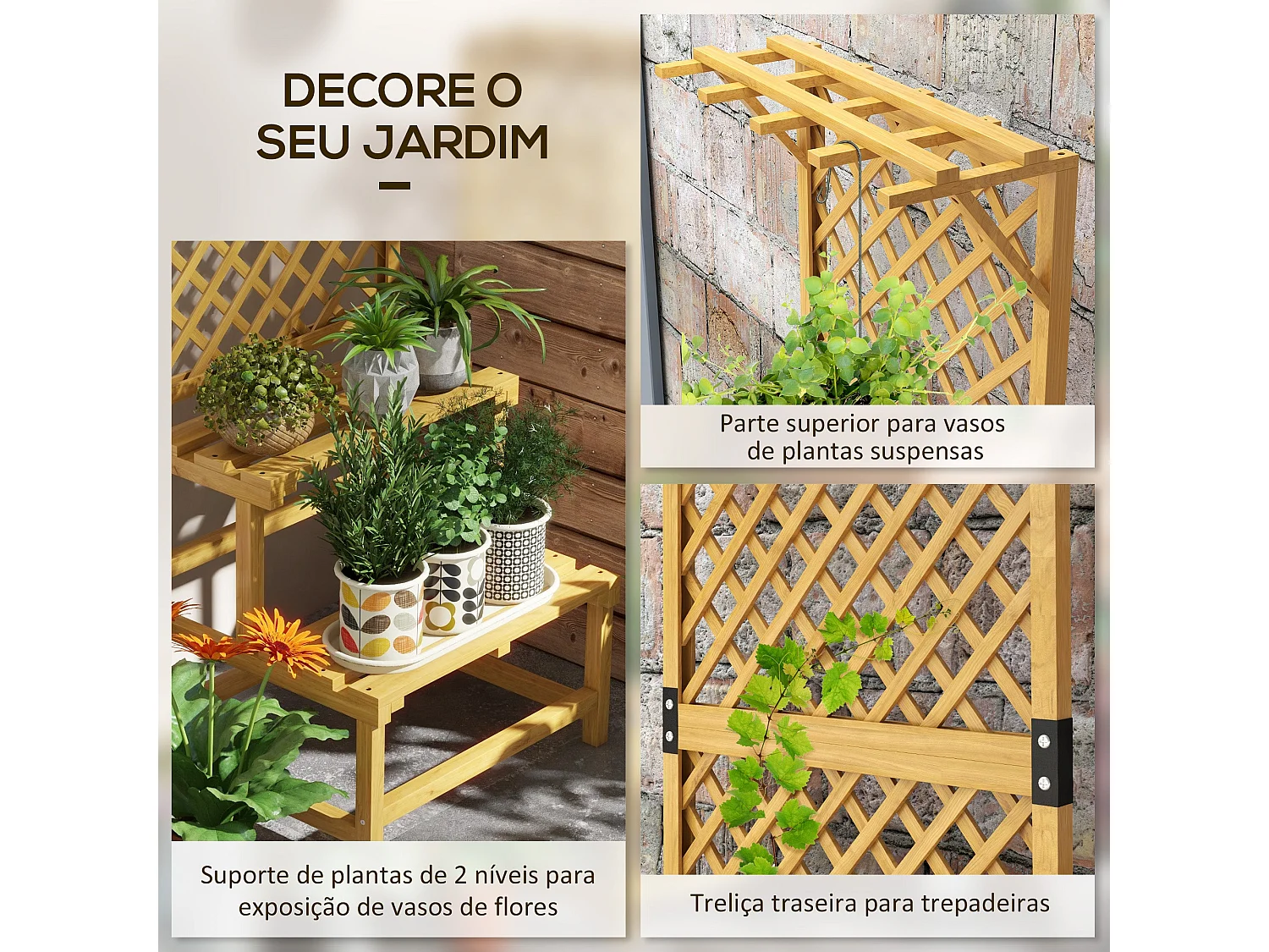 Suporte para Plantas em Madeira com Treliça Dupla para Jardim e Varanda - 60x50x166 cm