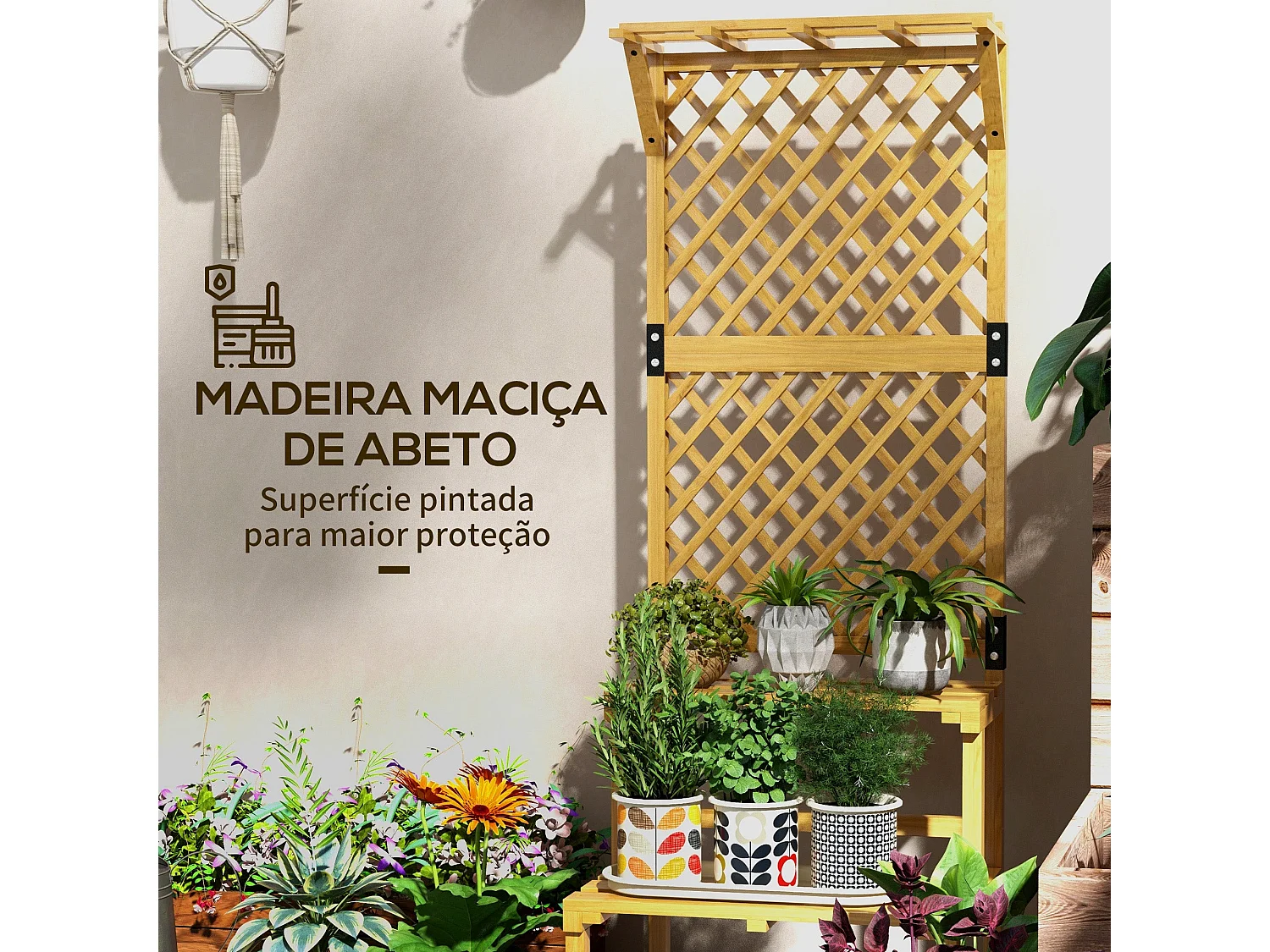Suporte para Plantas em Madeira com Treliça Dupla para Jardim e Varanda - 60x50x166 cm