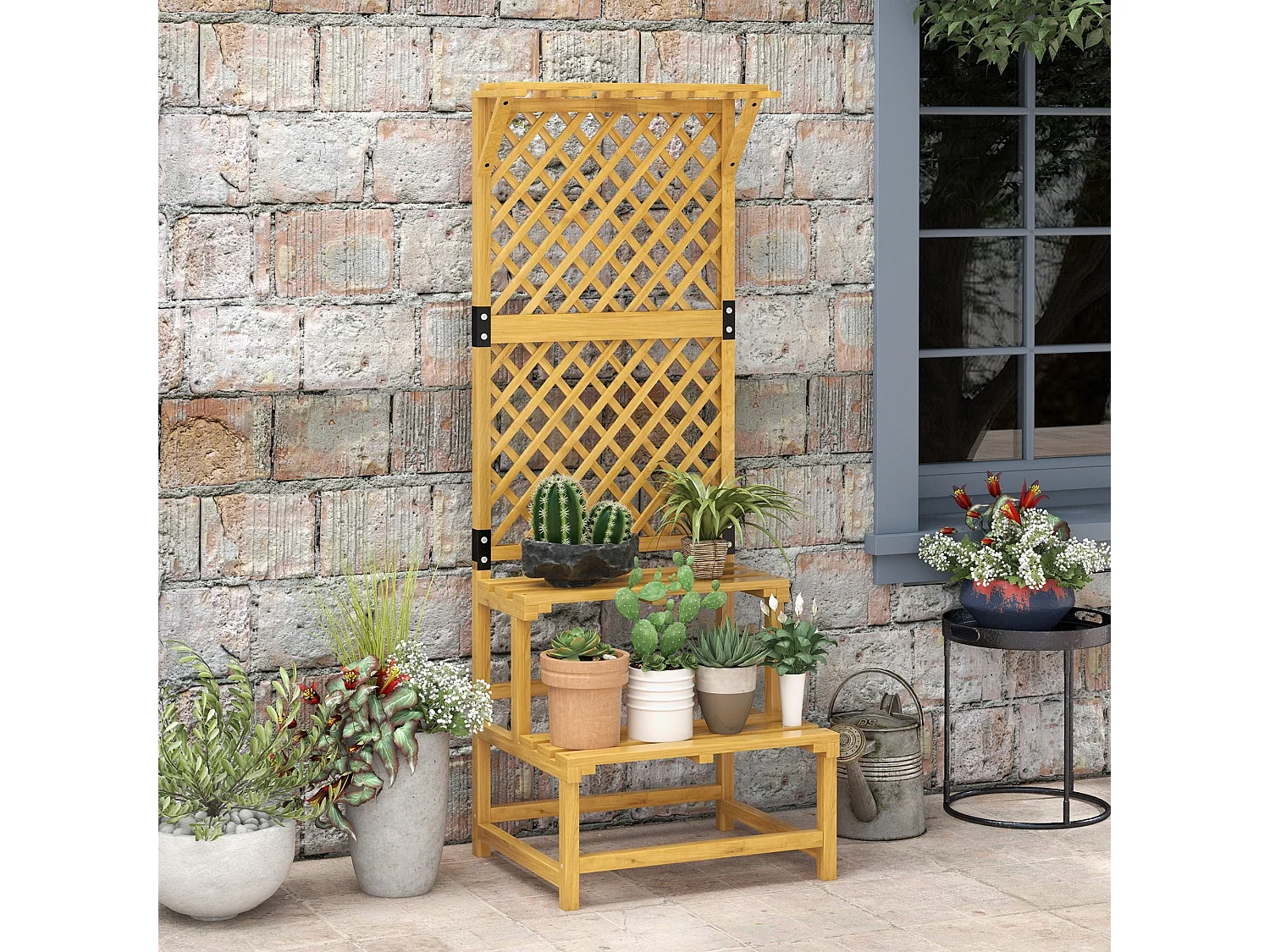 Suporte para Plantas em Madeira com Treliça Dupla para Jardim e Varanda - 60x50x166 cm