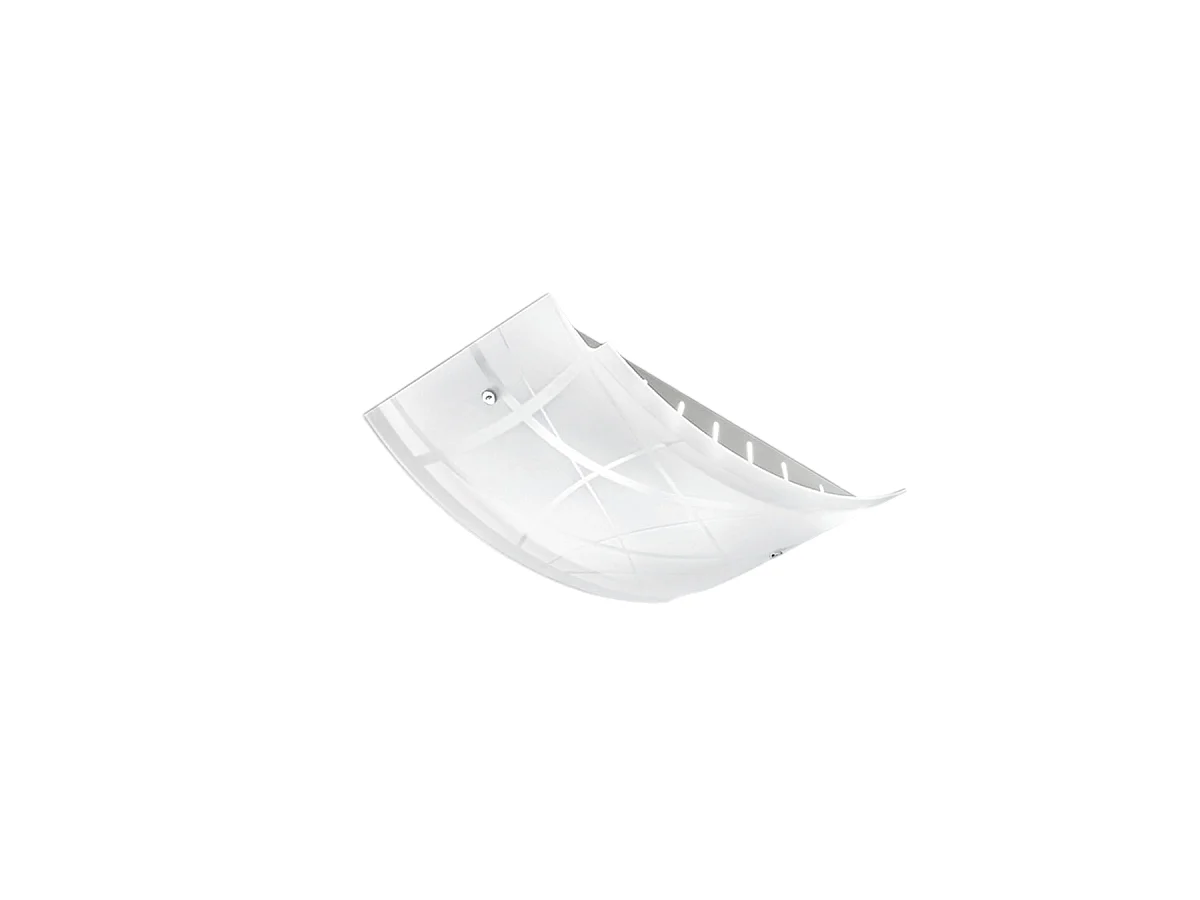 Plafon médio Nereide 45x31cm em vidro acetinado serigrafado branco 2XE27, base cromada, design moderno, IP20, max 2x52W