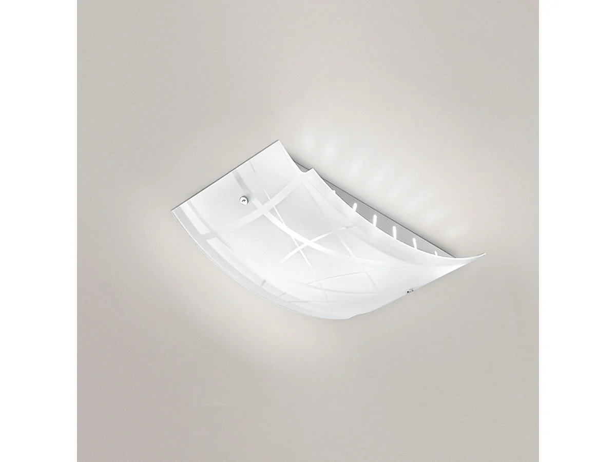 Plafonnier Nereide moyen 45x31cm en verre satiné sérigraphié blanc 2XE27, base chromée, design moderne, max 2x52W