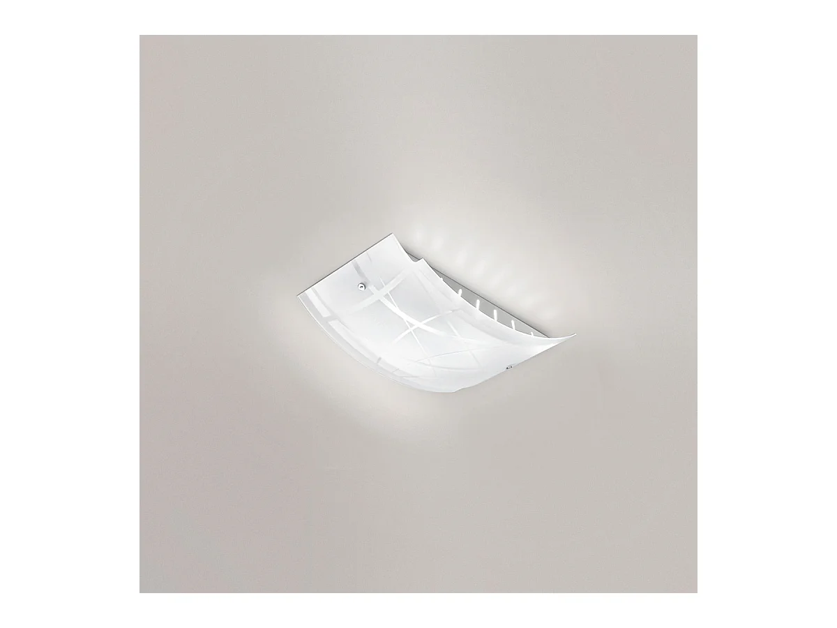 Petit plafonnier Nereide 35x25cm en verre satiné sérigraphié blanc 2XE27, base chromée, design moderne, max 2x42W