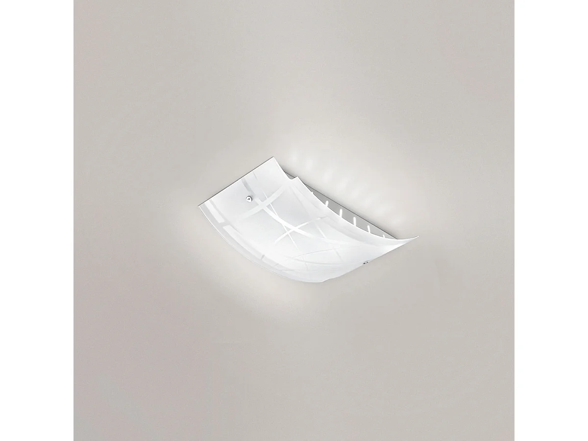 Petit plafonnier Nereide 35x25cm en verre satiné sérigraphié blanc 2XE27, base chromée, design moderne, max 2x42W