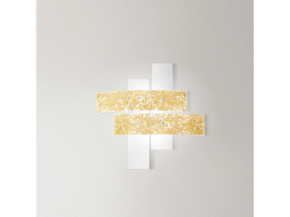 Luminária de teto pequena Lara em vidro branco com detalhes em folha de ouro, 70x70cm, 2 luzes E27, IP20, máx. 2x70W, estilo moderno, lâmpadas não incluídas
