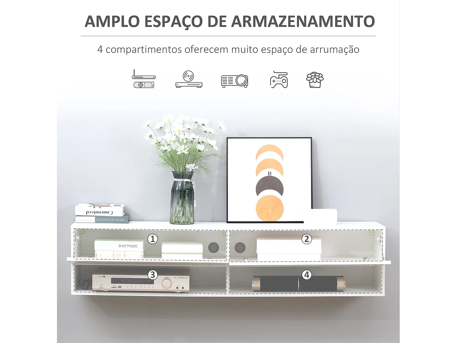 Móvel de TV Suspenso Branco Moderno – Suporte para Televisores até 60” com Armários e Gestão de Cabos