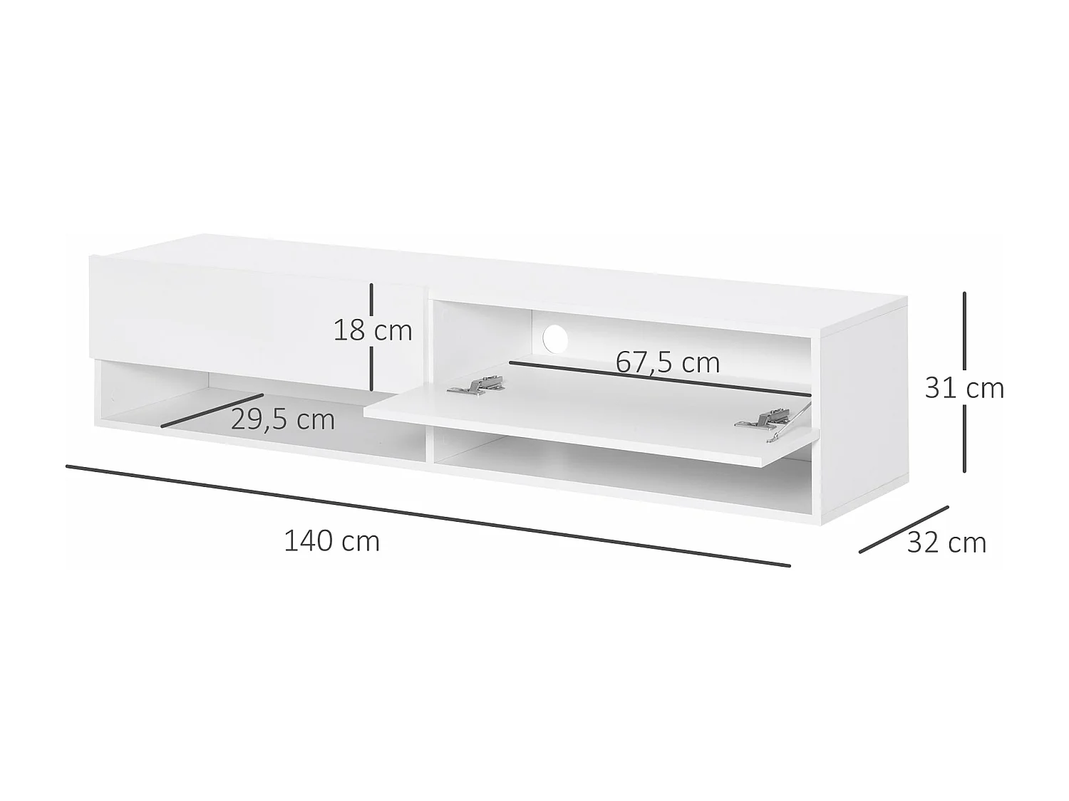 Móvel de TV Suspenso Branco Moderno – Suporte para Televisores até 60” com Armários e Gestão de Cabos