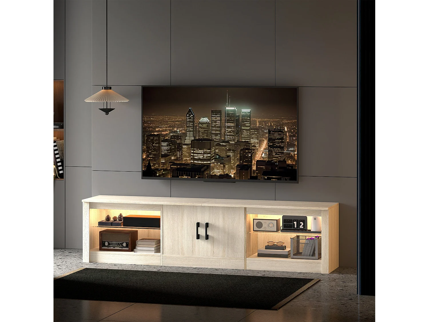 Móvel de TV Moderno com Iluminação RGB e Armazenamento Eficiente para Televisores de até 75 Polegadas