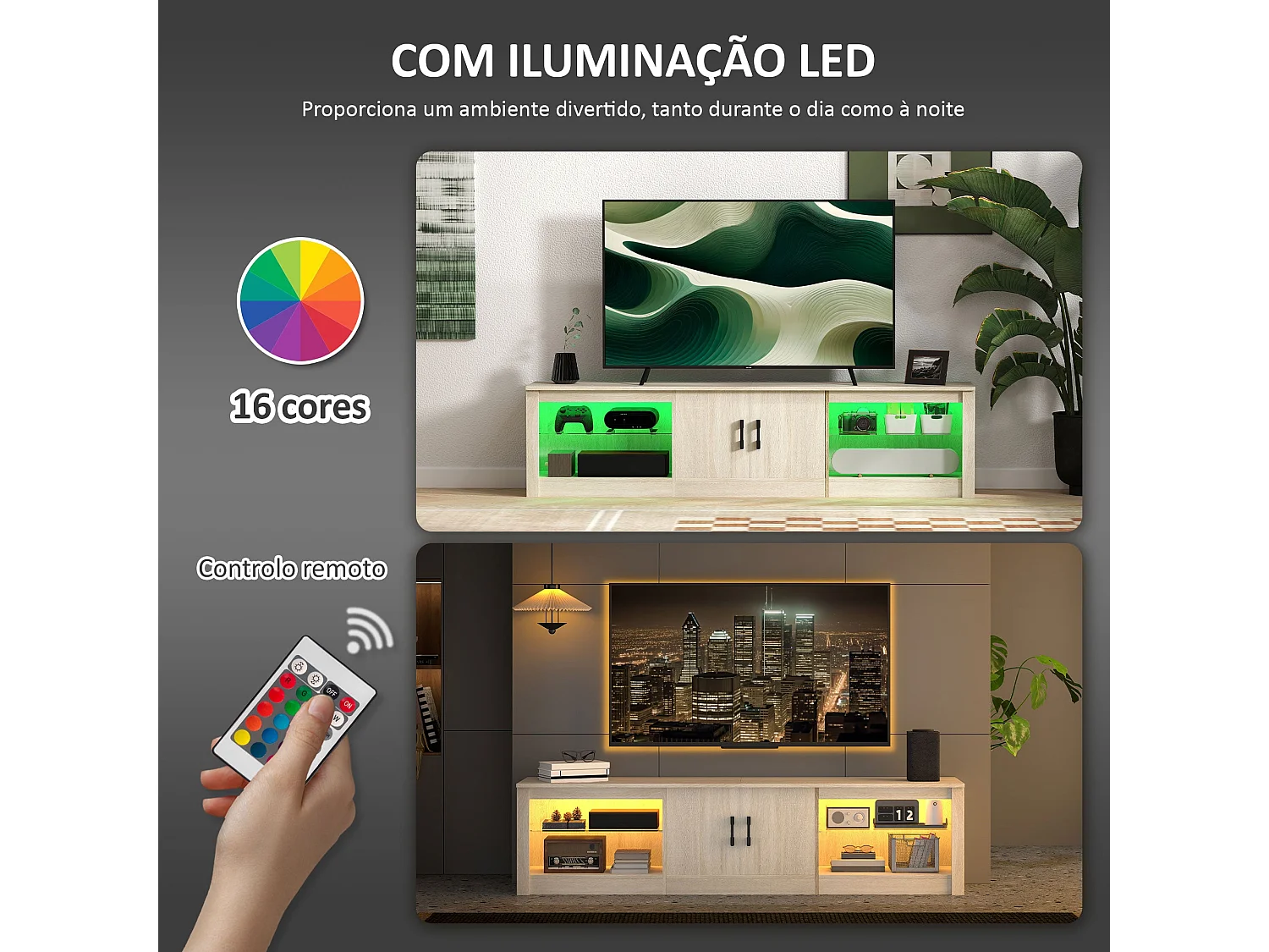 Móvel de TV Moderno com Iluminação RGB e Armazenamento Eficiente para Televisores de até 75 Polegadas