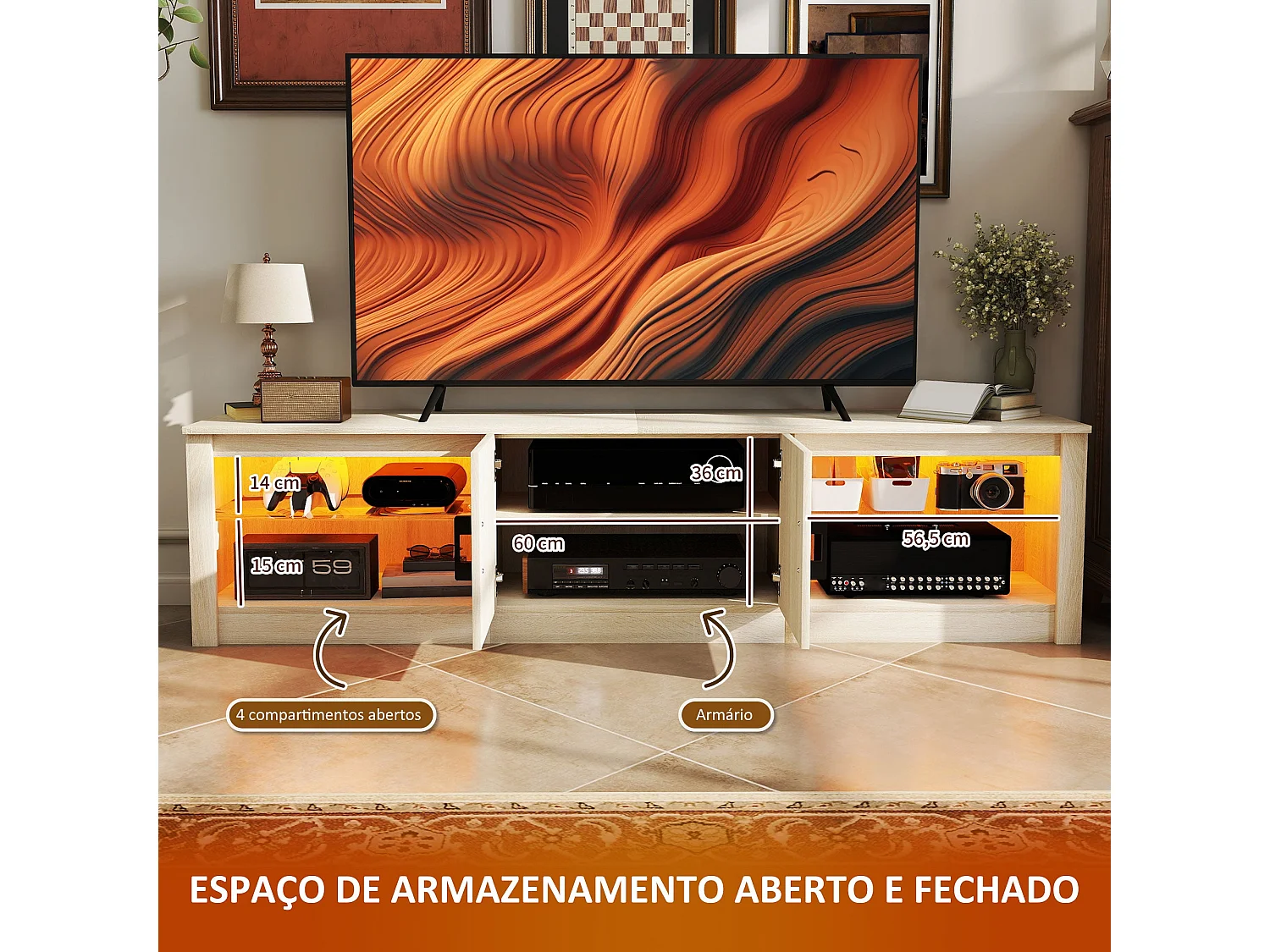 Móvel de TV Moderno com Iluminação RGB e Armazenamento Eficiente para Televisores de até 75 Polegadas