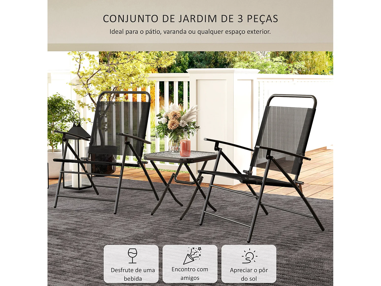 Conjunto de jardín Ghina 2 sillas + mesa negro