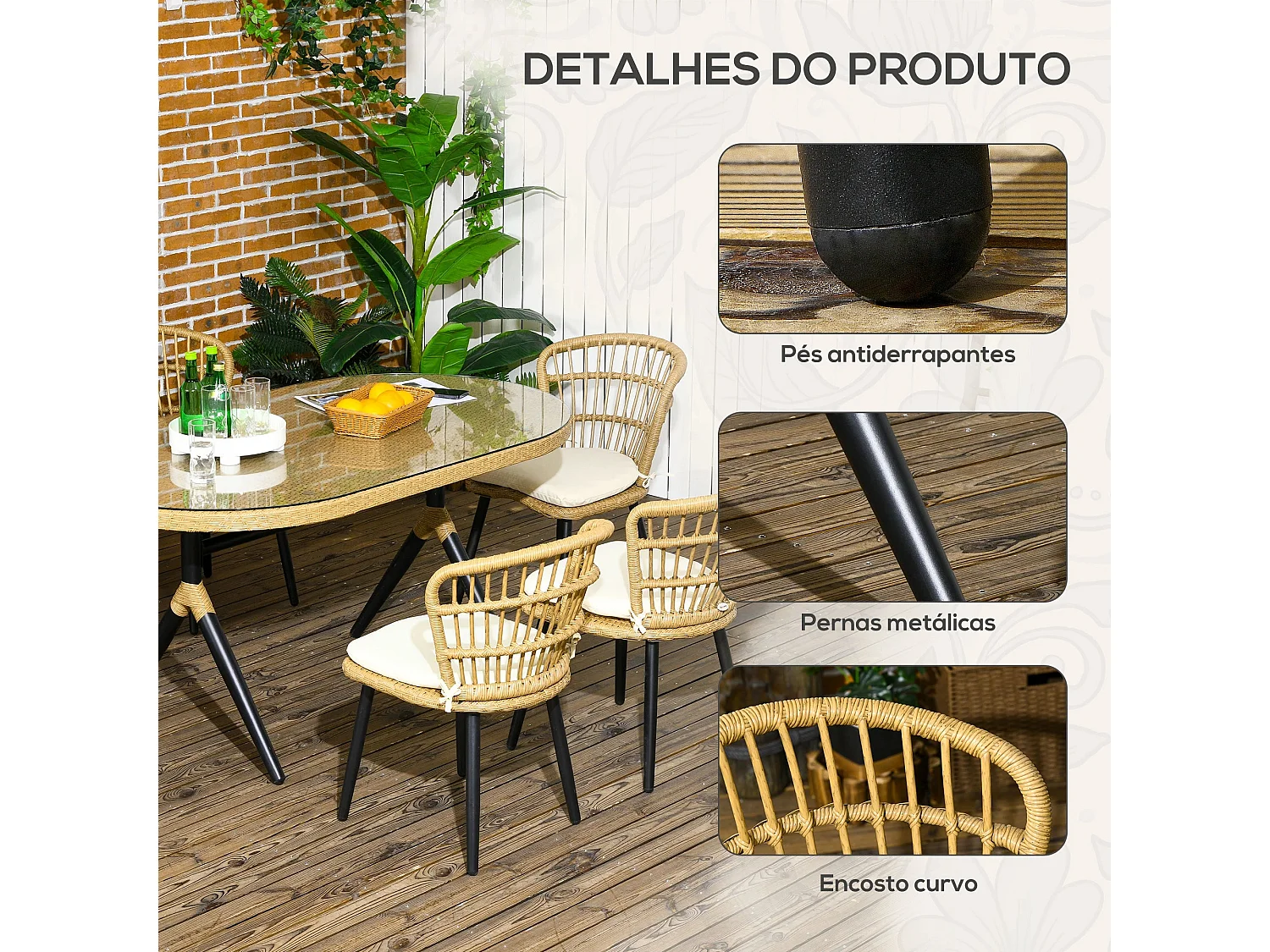 Conjunto de Refeição de Jardim Ravello - 7 Peças com 6 Cadeiras e Mesa de Jantar em Vime Sintético Castanho Natural