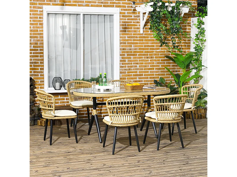 Conjunto de Refeição de Jardim Ravello - 7 Peças com 6 Cadeiras e Mesa de Jantar em Vime Sintético Castanho Natural