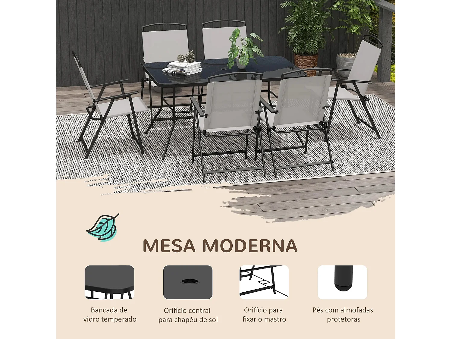 Conjunto de Refeição de Jardim Elegante – Cinza e Preto – 7 Peças com Mesa de Vidro e Cadeiras Dobráveis