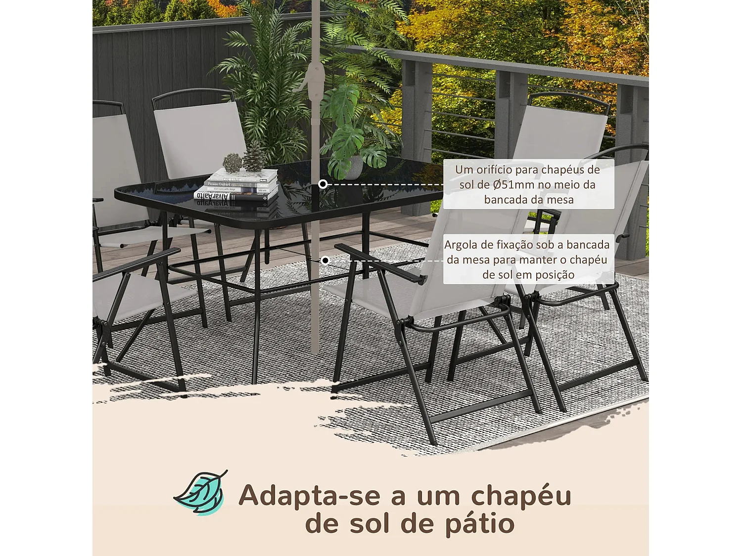 Conjunto de Refeição de Jardim Elegante – Cinza e Preto – 7 Peças com Mesa de Vidro e Cadeiras Dobráveis