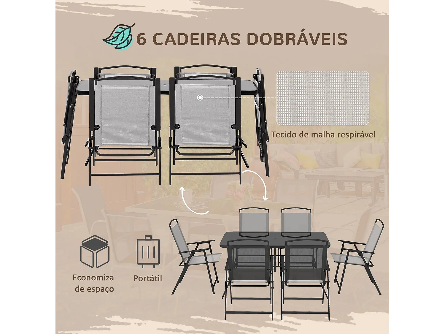 Conjunto de Refeição de Jardim Elegante – Cinza e Preto – 7 Peças com Mesa de Vidro e Cadeiras Dobráveis