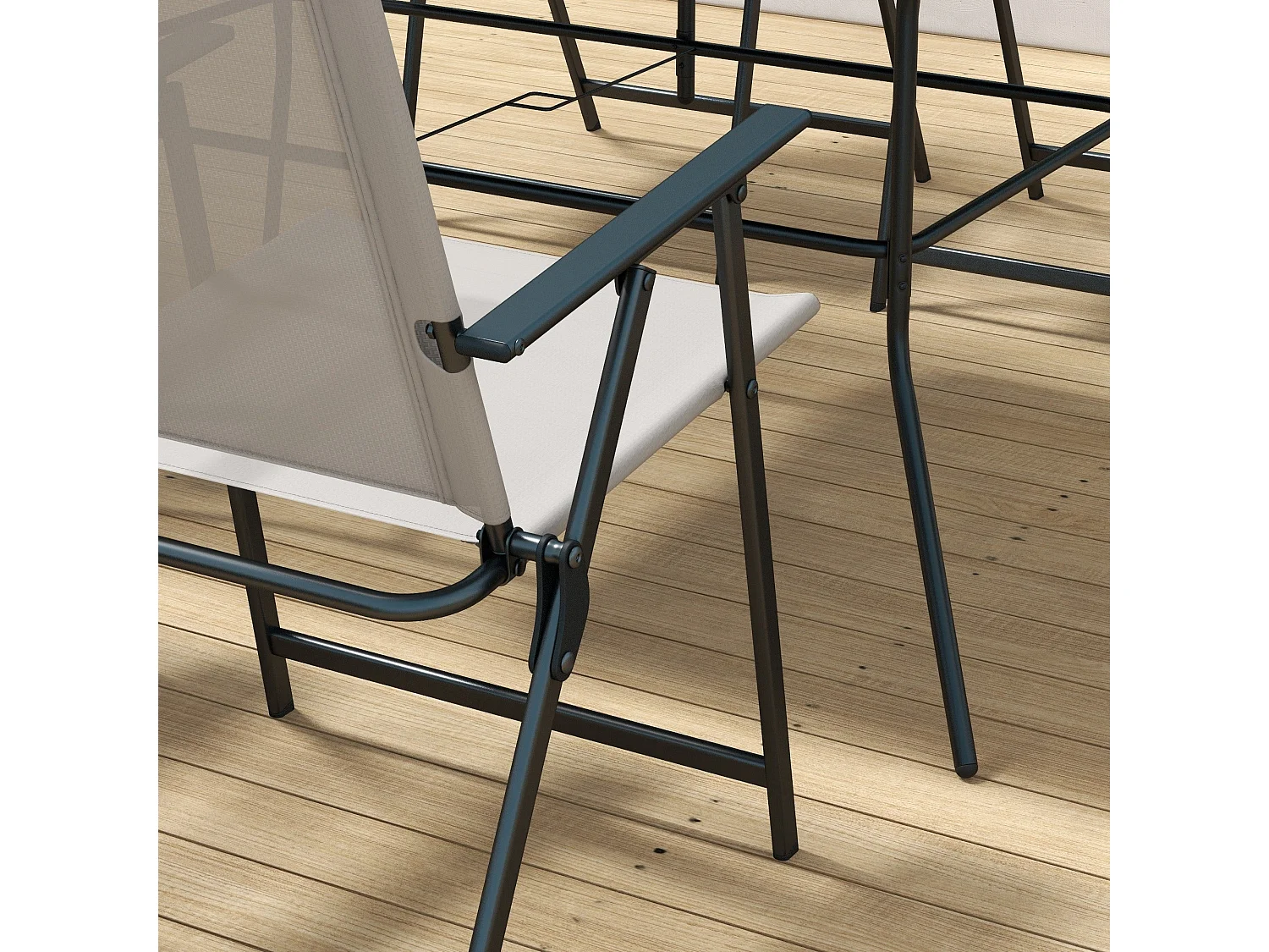 Conjunto de Refeição de Jardim Elegante – Cinza e Preto – 7 Peças com Mesa de Vidro e Cadeiras Dobráveis