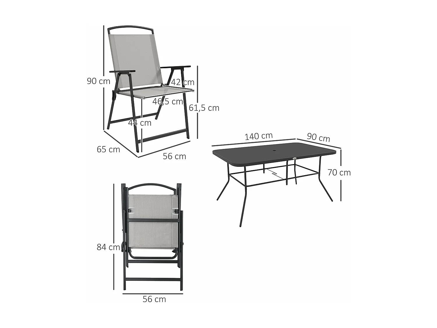 Conjunto de Refeição de Jardim Elegante – Cinza e Preto – 7 Peças com Mesa de Vidro e Cadeiras Dobráveis